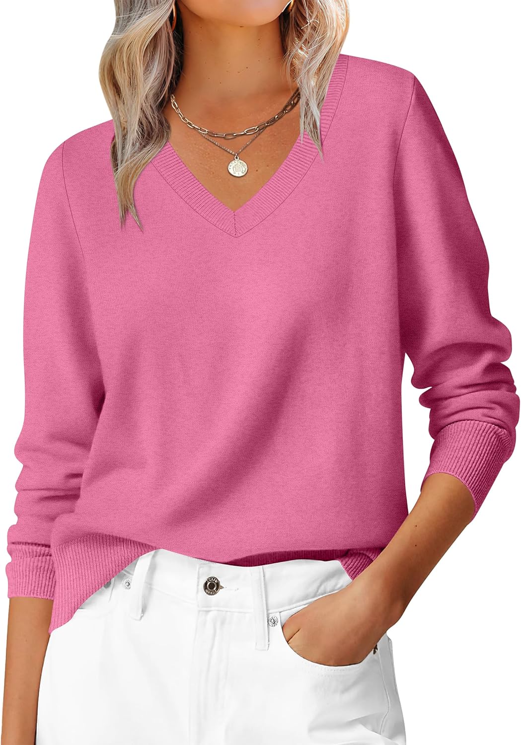 ANRABESS Womens Long Sleeve V Neck Sweaters 2025 Fall Casual Classic Soft Loose Fit Basic Pullover Jumper Top