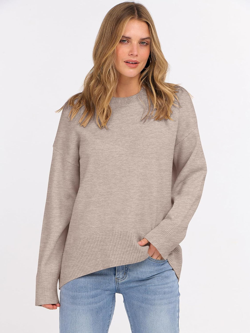 ANRABESS Sweaters for Women 2025 Fall Long Sleeve Casual Loose Fit Knitted High Low Hem Basic Pullover Sweater Tops