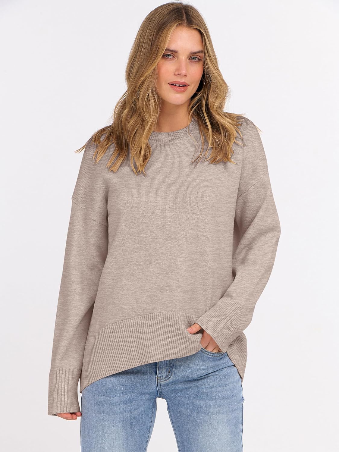 ANRABESS Sweaters for Women 2025 Fall Long Sleeve Casual Loose Fit Knitted High Low Hem Basic Pullover Sweater Tops