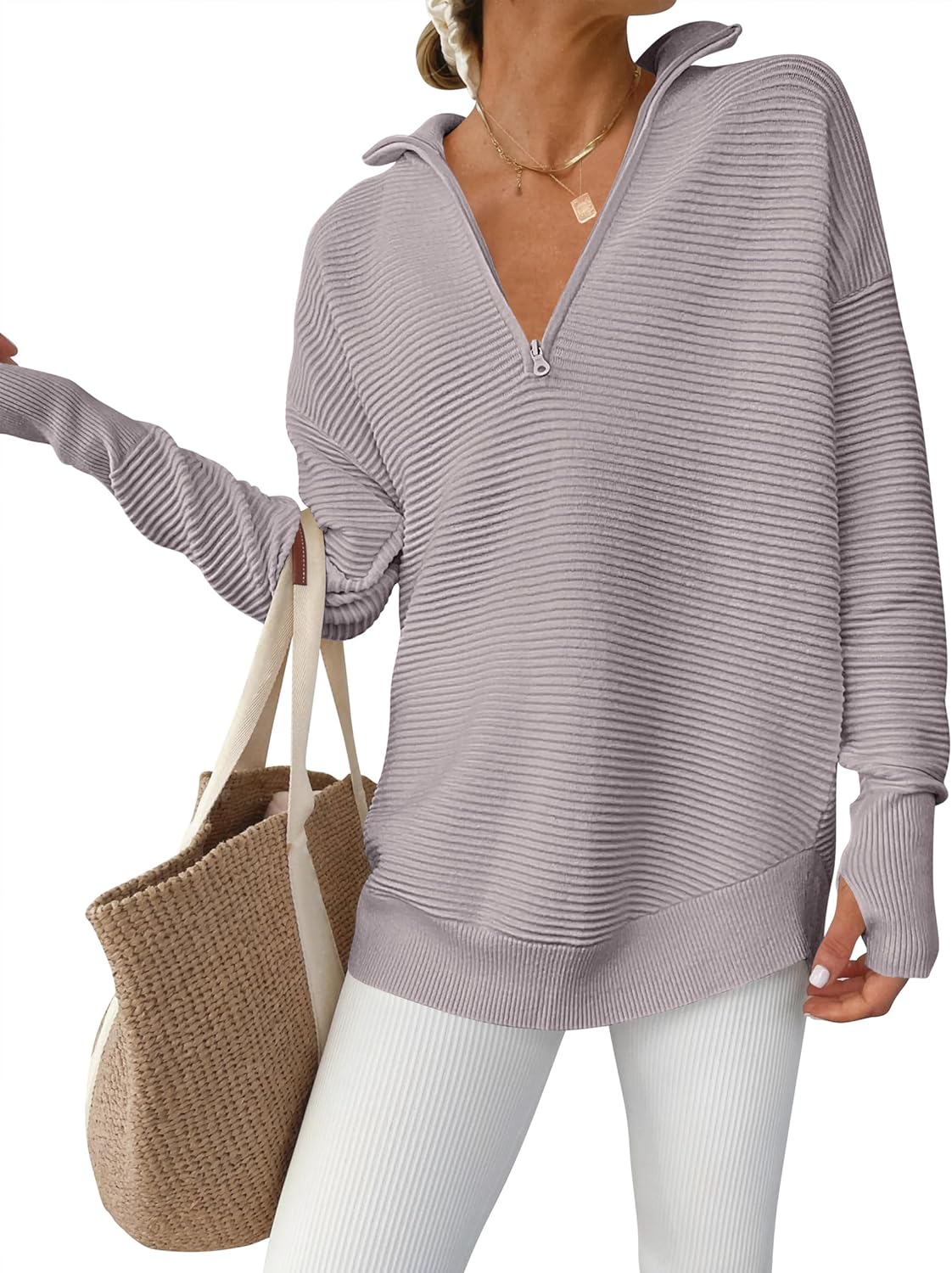 ANRABESS Womens Long Sleeve Quarter Zip Pullover Sweater Casual Loose V Neck Collared Ribbed Knit Jumper Tops Thumb Hole
