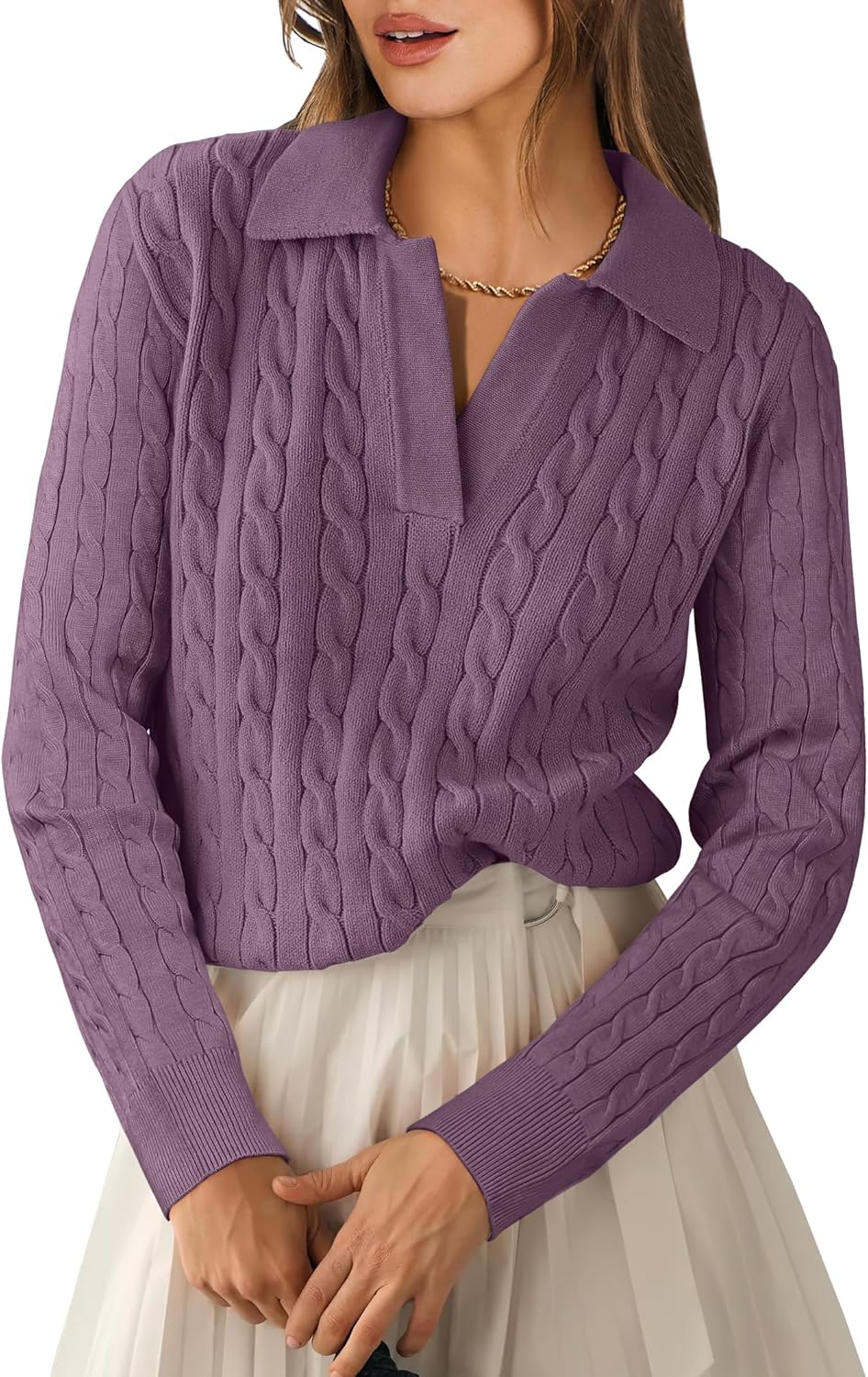 ANRABESS Womens Cable Knit Sweaters Long Sleeve V Neck Sweater Tops Casual Pullover Polo Shirts 2025 Fall Fashion Outfits