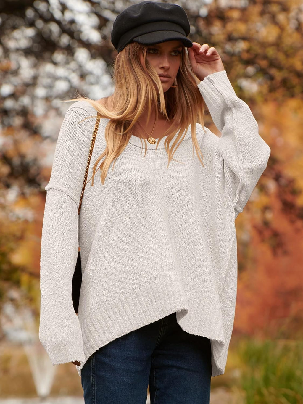 ANRABESS Women's Oversized Casual Loose Slouchy Scoop V Neck Batwing Long Sleeve Knit 2025 Fall Pullover Sweaters