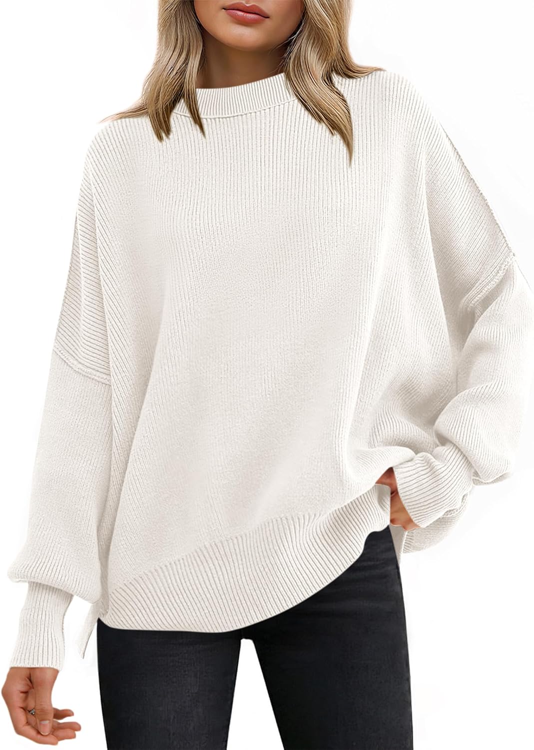 ANRABESS Women Oversized Sweaters Batwing Long Sleeve 2025 Fall Outfits Crewneck Casual Knit Side Slit Fashion Pullover Top