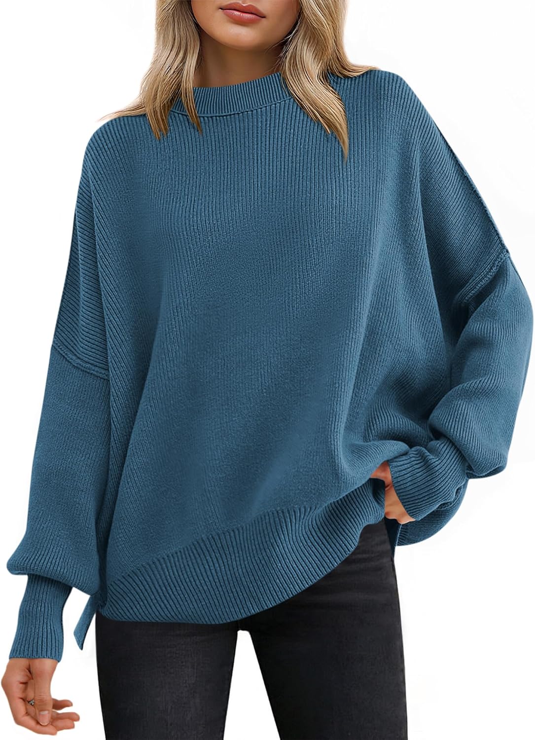 ANRABESS Women Oversized Sweaters Batwing Long Sleeve 2025 Fall Outfits Crewneck Casual Knit Side Slit Fashion Pullover Top