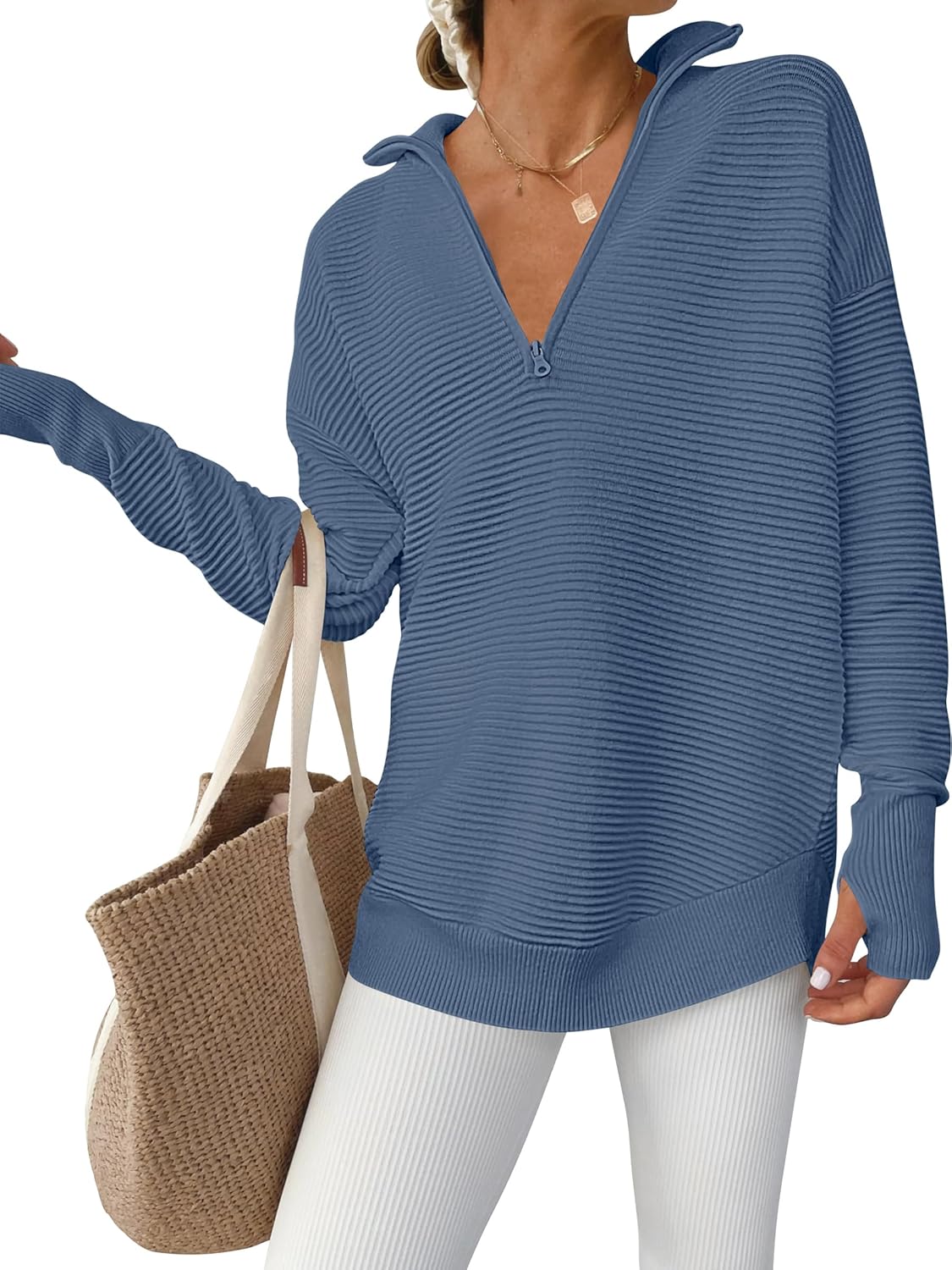 ANRABESS Womens Long Sleeve Quarter Zip Pullover Sweater Casual Loose V Neck Collared Ribbed Knit Jumper Tops Thumb Hole