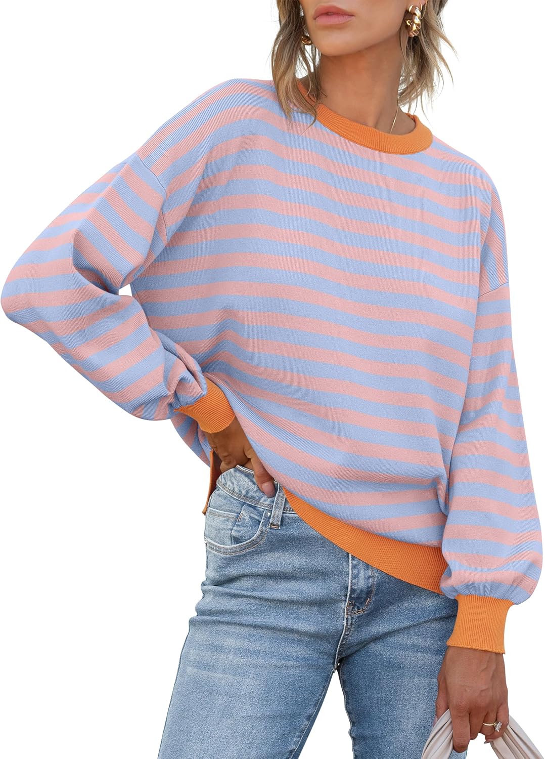 ANRABESS Womens Oversized Striped Sweaters Long Sleeve Crewneck Casual Side Slit Pullover Tops 2025 Fall Trendy Outfits