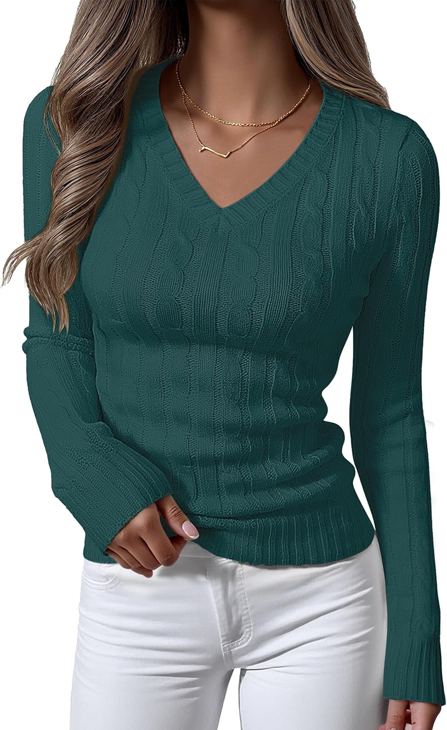 ANRABESS Womens Long Sleeve Cable Knit Sweater 2025 Fall Fashion V Neck Fitted Pullover Top Business Casual Work Fall Outfits