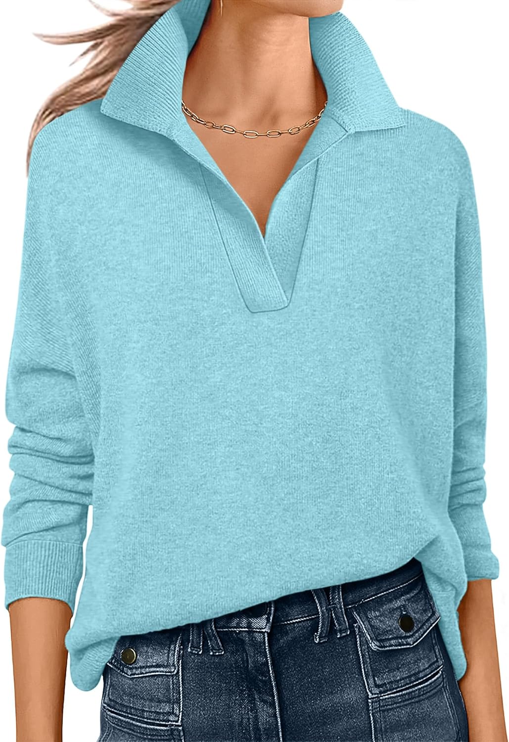 ANRABESS Womens Polo V Neck Long Sleeve Sweaters Lightweight Dressy Casual Business Basic Knit Pullover Top 2025 Fall Outfits