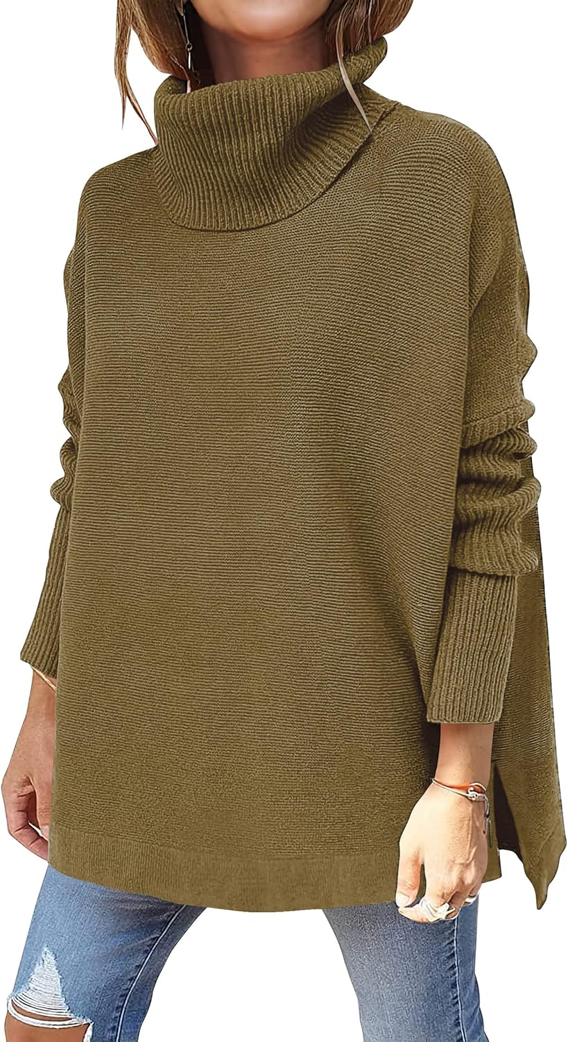 ANRABESS Women's Oversized Turtleneck Batwing Sleeve Spilt Casual Loose Knit Tunic Pullover Sweater Tops 2025 Fall Outfits