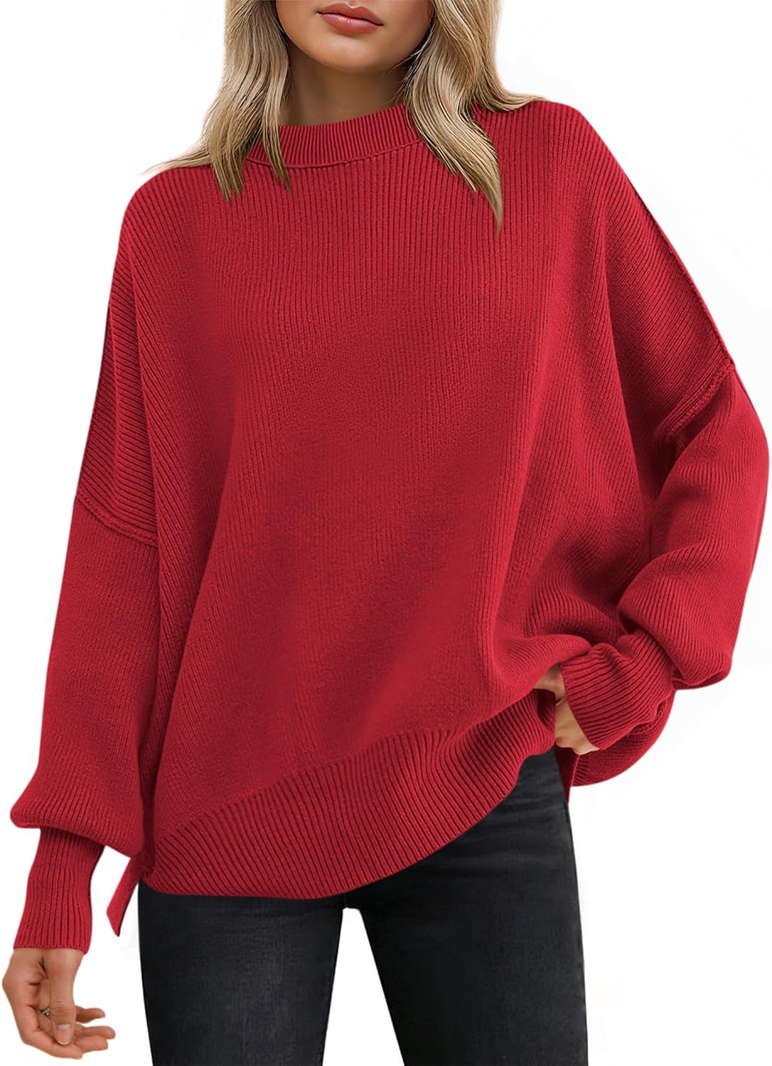 ANRABESS Women Oversized Sweaters Batwing Long Sleeve 2025 Fall Outfits Crewneck Casual Knit Side Slit Fashion Pullover Top