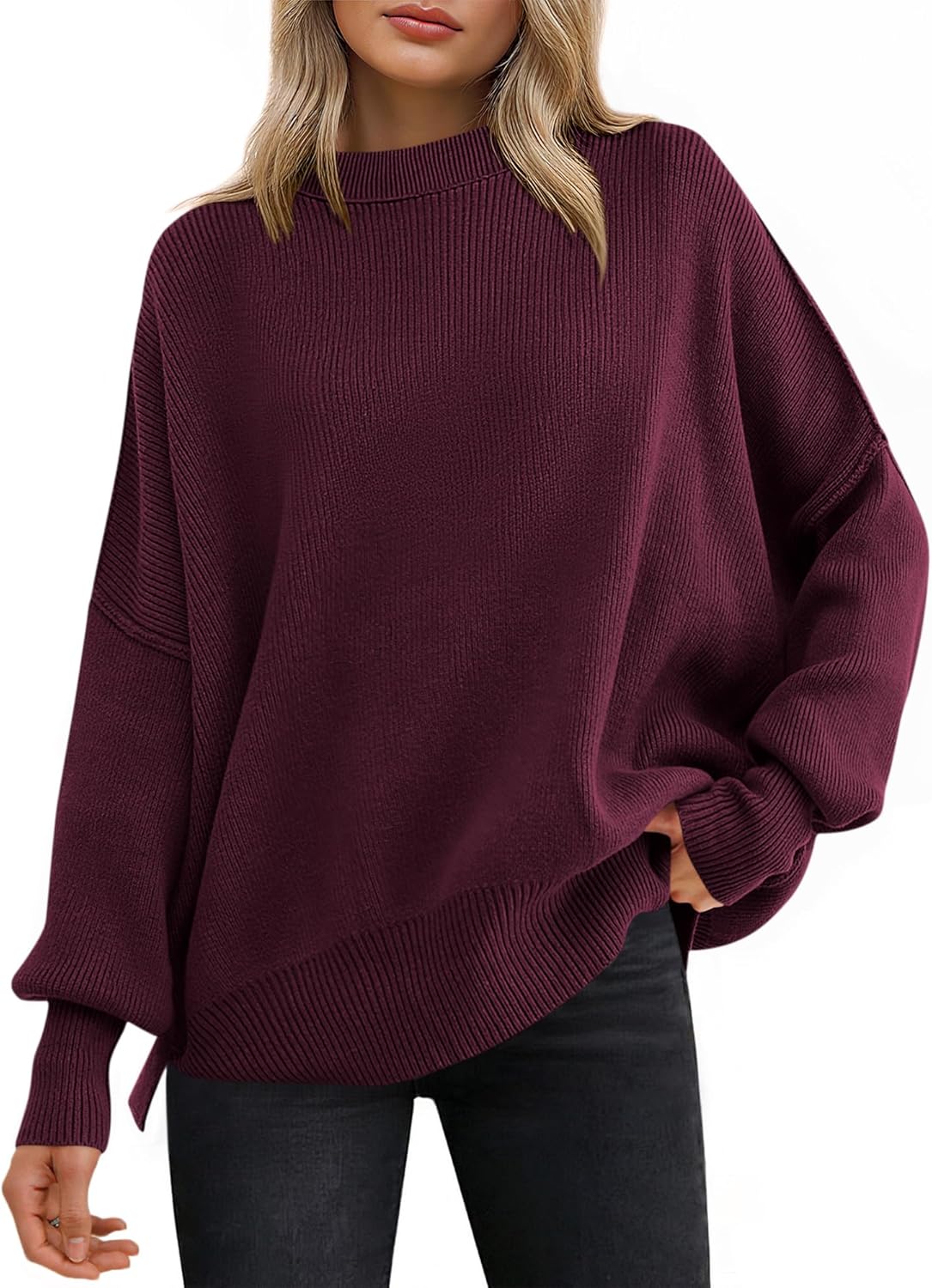 ANRABESS Women Oversized Sweaters Batwing Long Sleeve 2025 Fall Outfits Crewneck Casual Knit Side Slit Fashion Pullover Top