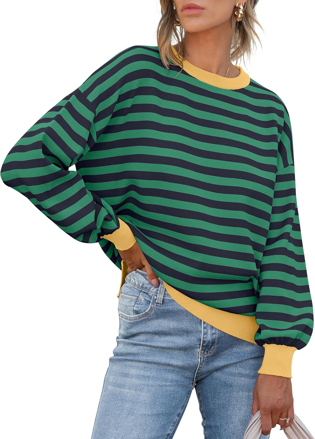 ANRABESS Womens Oversized Striped Sweaters Long Sleeve Crewneck Casual Side Slit Pullover Tops 2025 Fall Trendy Outfits