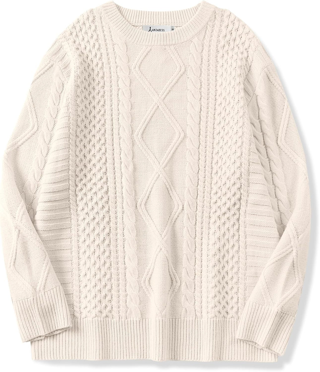 ANRABESS Sweaters for Women Oversized Cable Knit Fall Long Sleeve Crewneck Casual Pullover Sweater Tops 2025 Winter Outfits