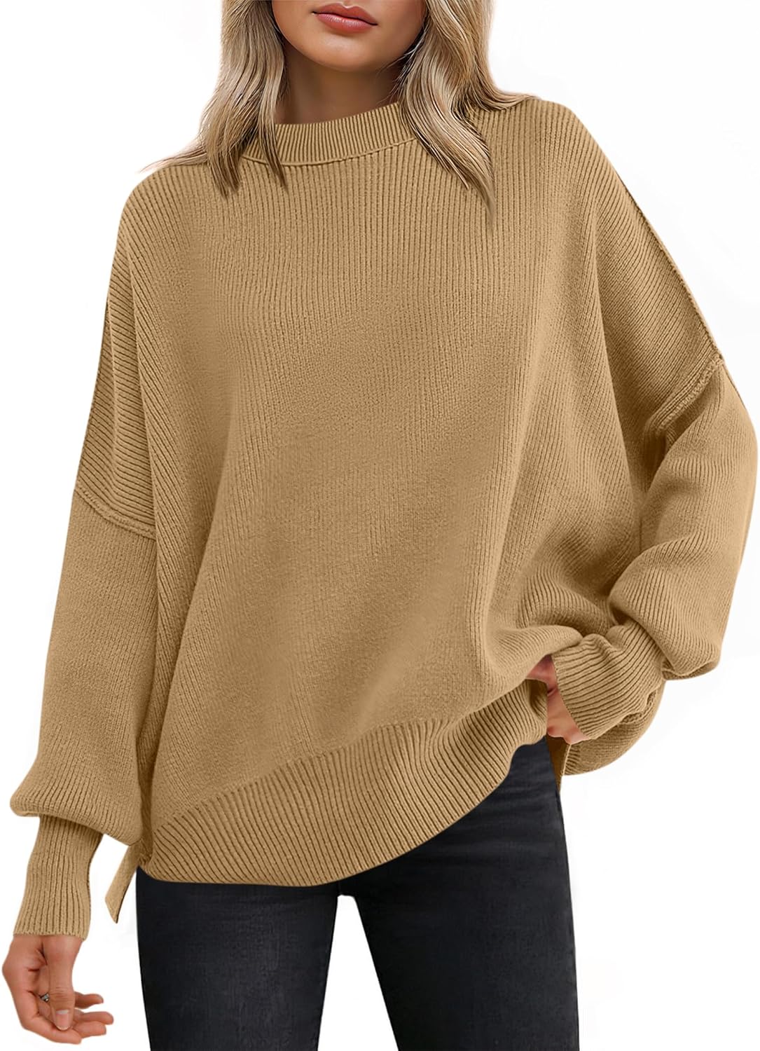 ANRABESS Women Oversized Sweaters Batwing Long Sleeve 2025 Fall Outfits Crewneck Casual Knit Side Slit Fashion Pullover Top