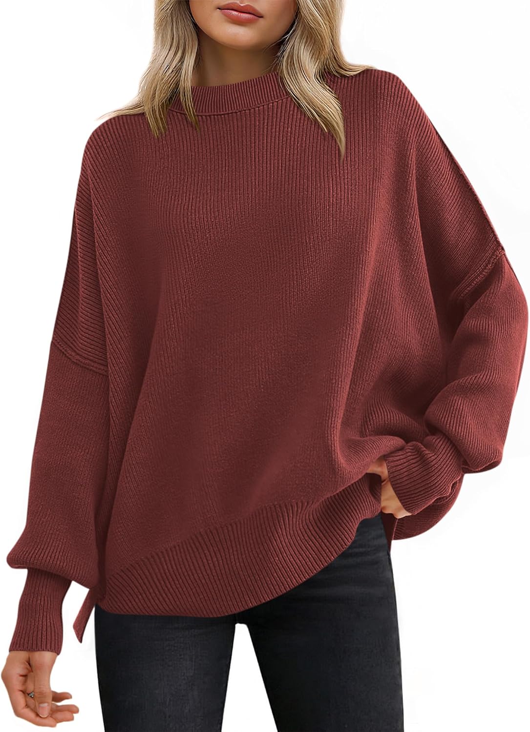 ANRABESS Women Oversized Sweaters Batwing Long Sleeve 2025 Fall Outfits Crewneck Casual Knit Side Slit Fashion Pullover Top