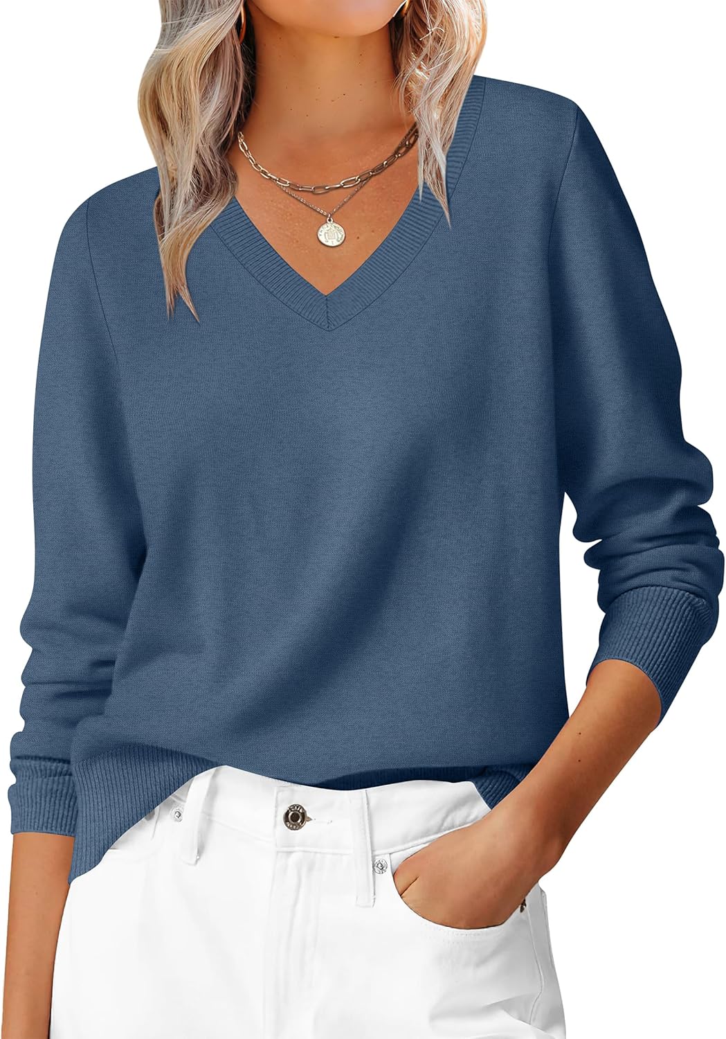 ANRABESS Womens Long Sleeve V Neck Sweaters 2025 Fall Casual Classic Soft Loose Fit Basic Pullover Jumper Top