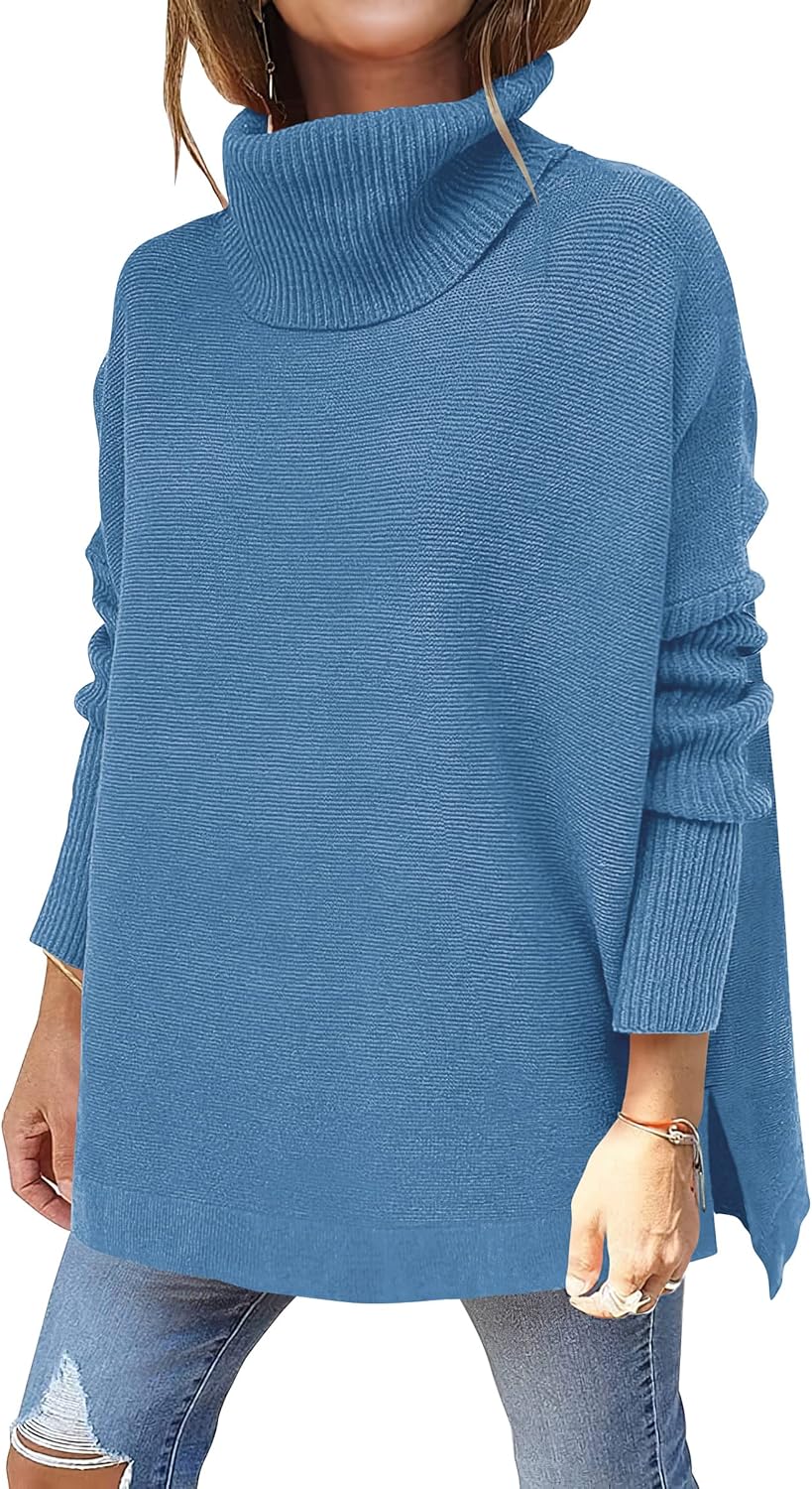 ANRABESS Women's Oversized Turtleneck Batwing Sleeve Spilt Casual Loose Knit Tunic Pullover Sweater Tops 2025 Fall Outfits