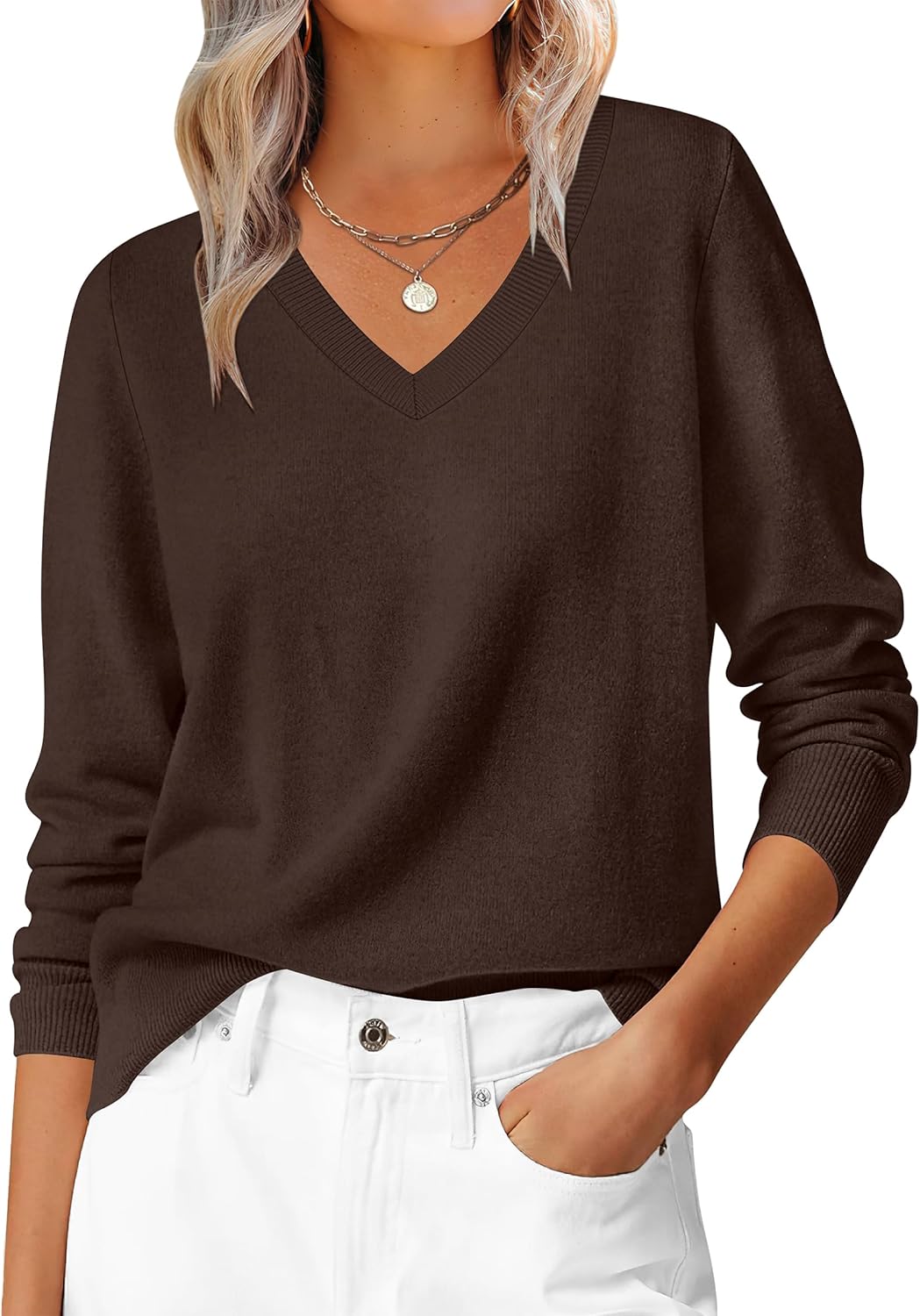ANRABESS Womens Long Sleeve V Neck Sweaters 2025 Fall Casual Classic Soft Loose Fit Basic Pullover Jumper Top