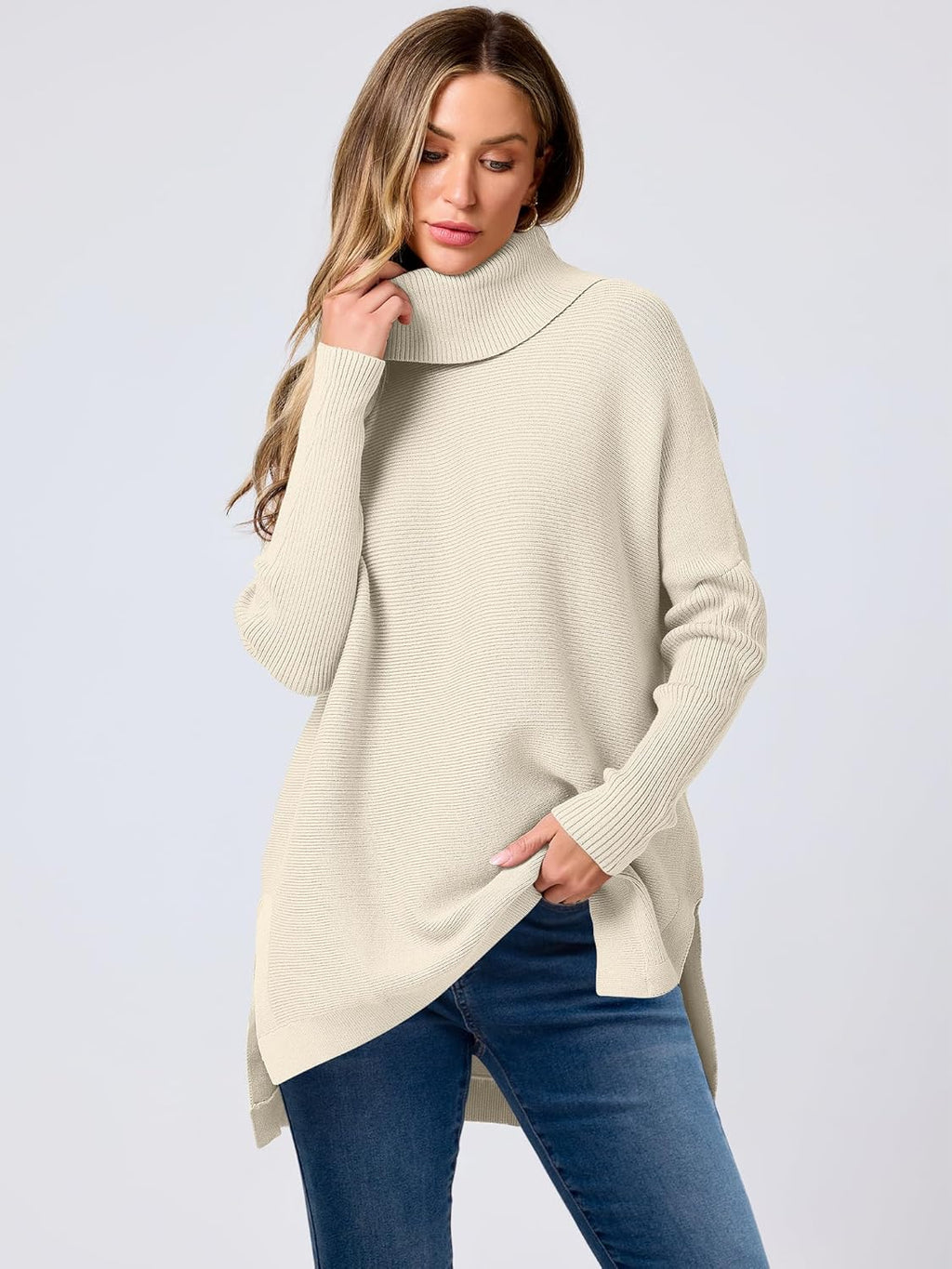 ANRABESS Women's Oversized Turtleneck Batwing Sleeve Spilt Casual Loose Knit Tunic Pullover Sweater Tops 2025 Fall Outfits