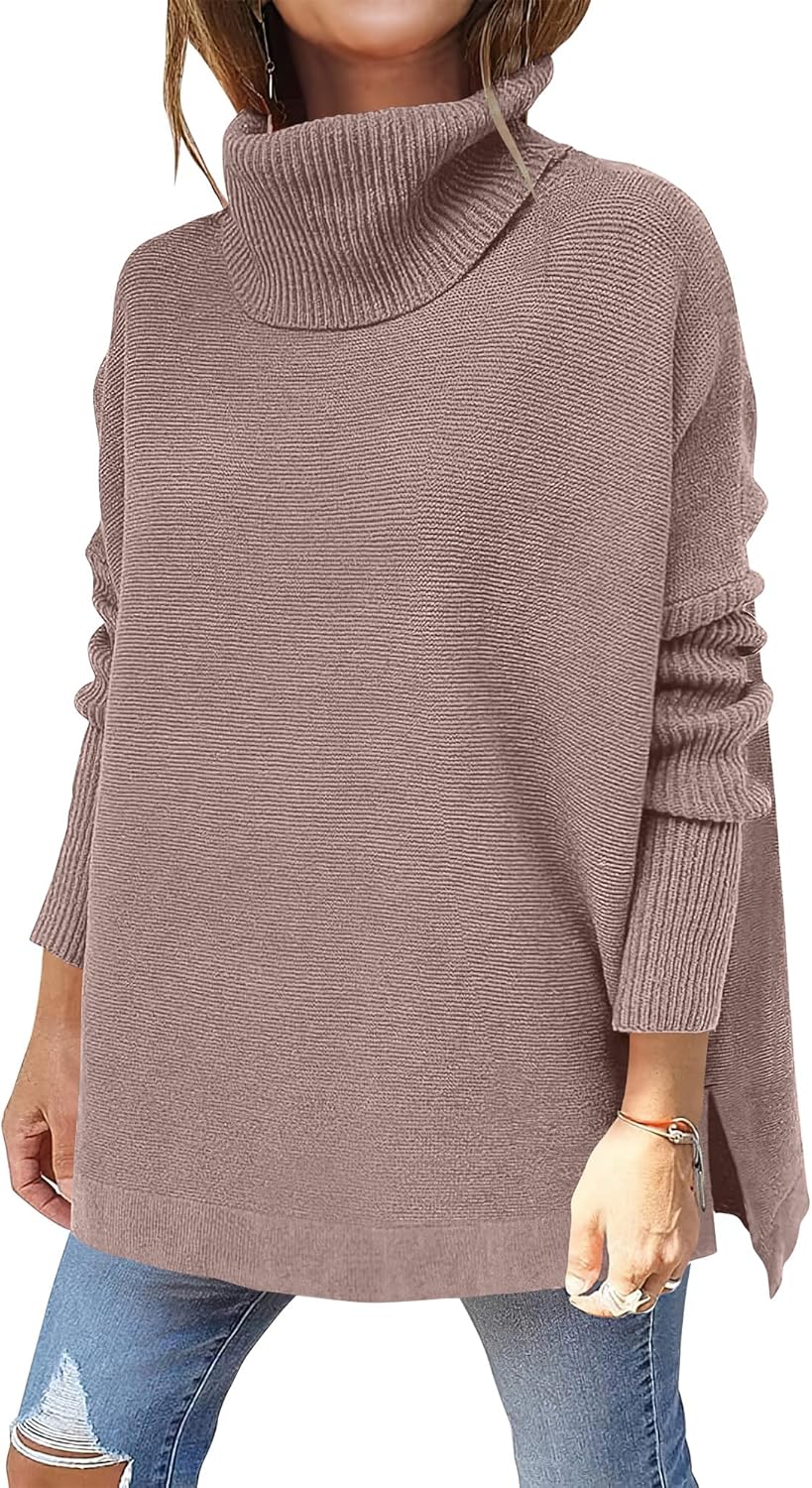 ANRABESS Women's Oversized Turtleneck Batwing Sleeve Spilt Casual Loose Knit Tunic Pullover Sweater Tops 2025 Fall Outfits