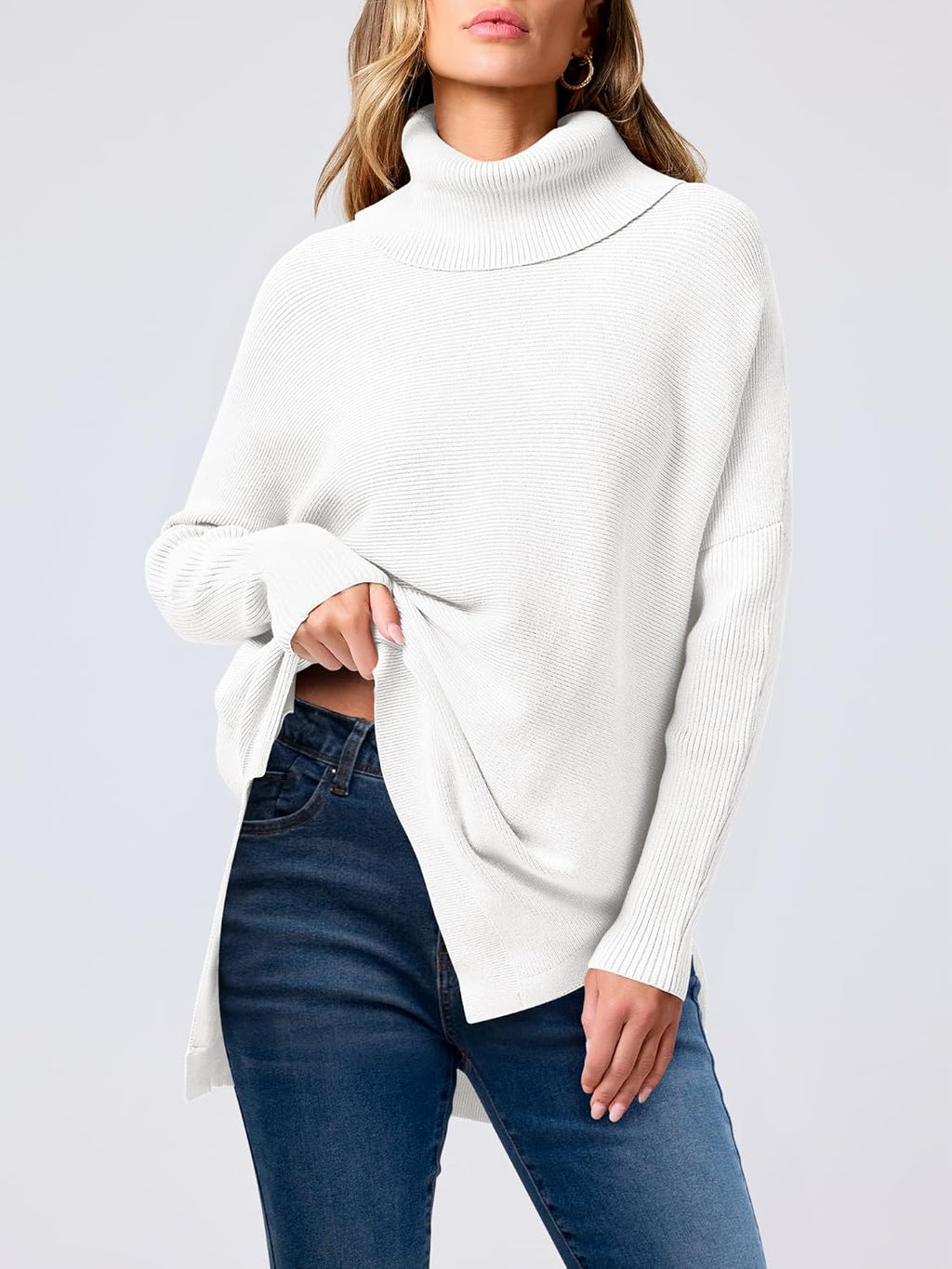 ANRABESS Women's Oversized Turtleneck Batwing Sleeve Spilt Casual Loose Knit Tunic Pullover Sweater Tops 2025 Fall Outfits