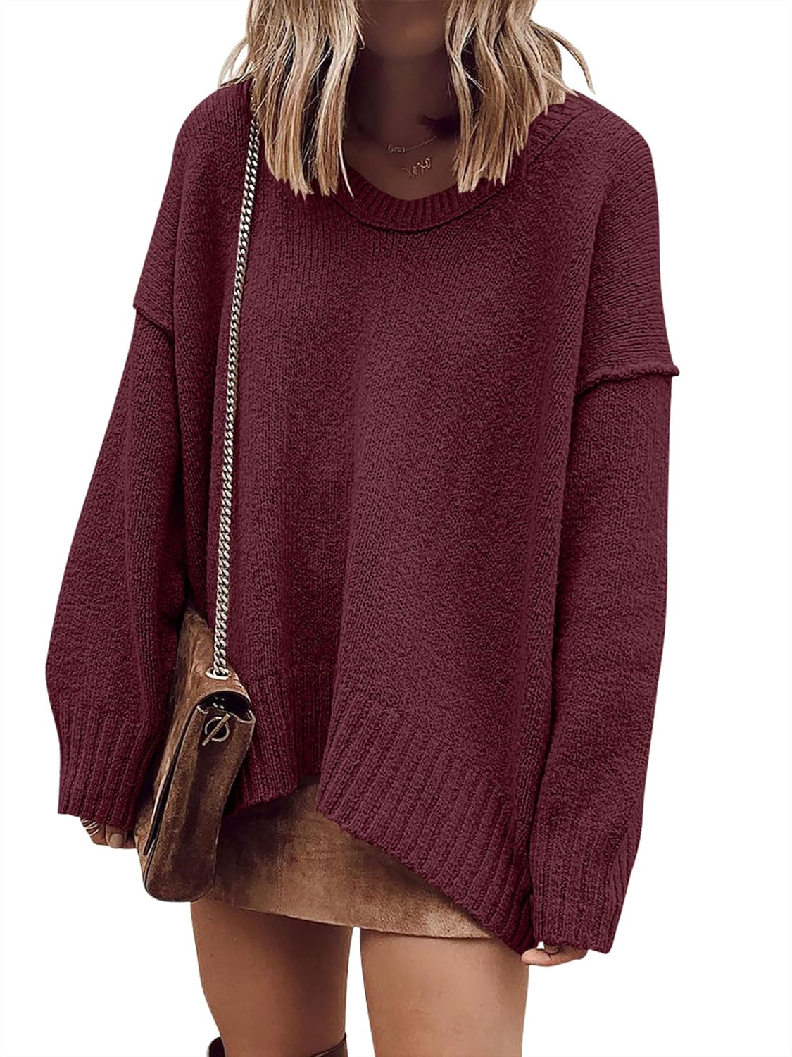 ANRABESS Women's Oversized Casual Loose Slouchy Scoop V Neck Batwing Long Sleeve Knit 2025 Fall Pullover Sweaters