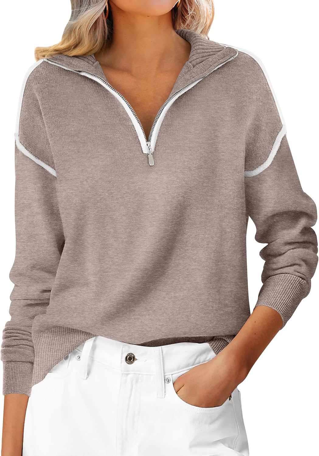 ANRABESS Womens Quarter Zip Sweaters Fall Long Sleeve V Neck Shirts Collared Business Casual Tops Knit Pullover Sweatshirts