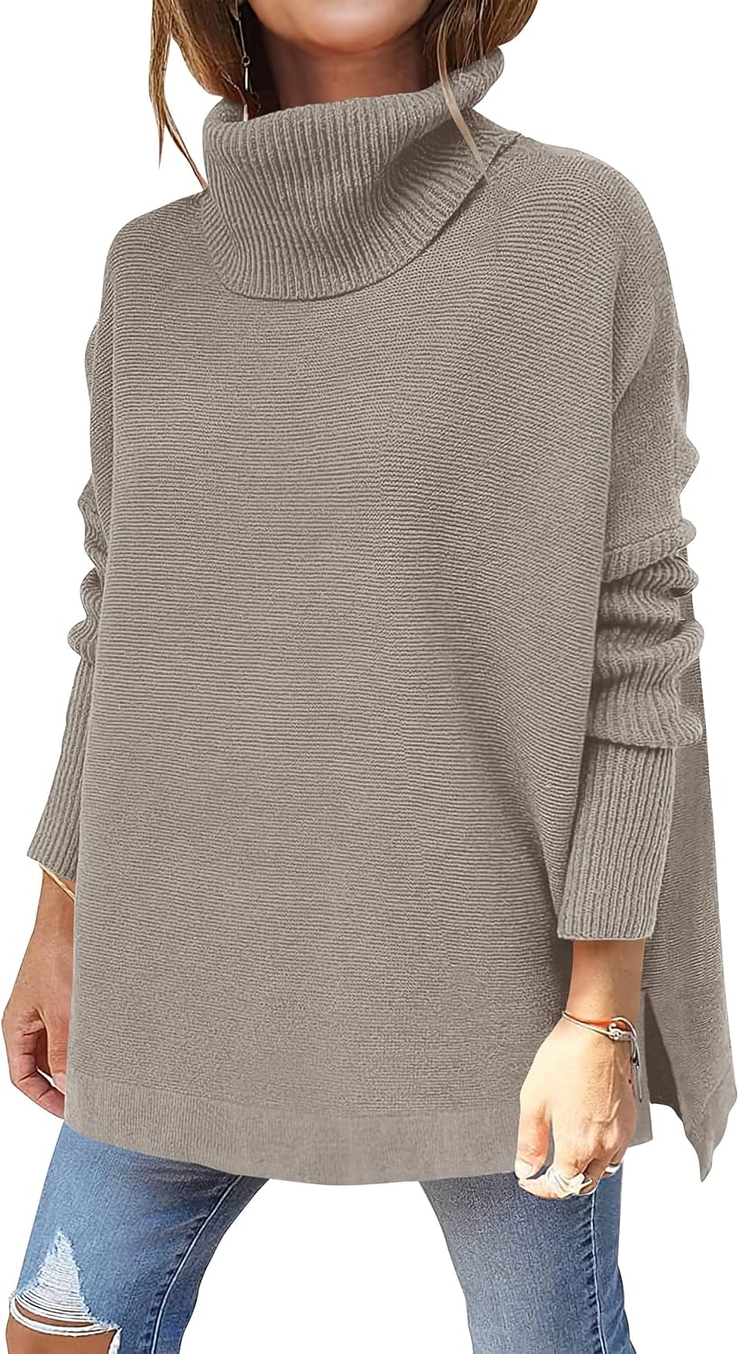 ANRABESS Women's Oversized Turtleneck Batwing Sleeve Spilt Casual Loose Knit Tunic Pullover Sweater Tops 2025 Fall Outfits