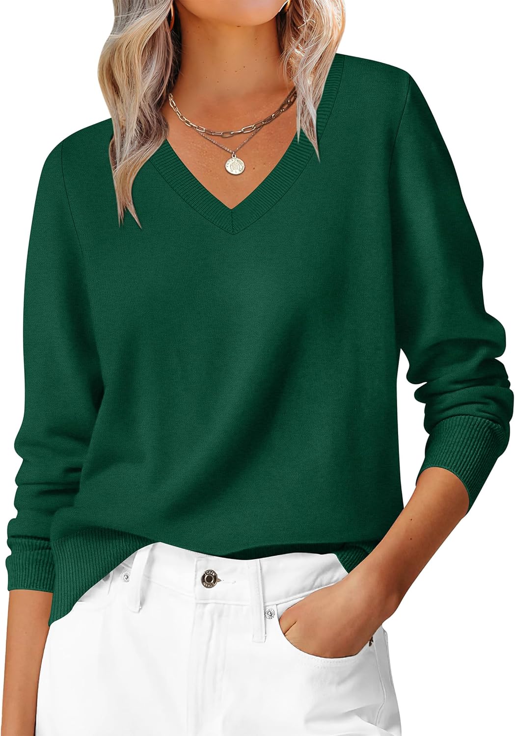ANRABESS Womens Long Sleeve V Neck Sweaters 2025 Fall Casual Classic Soft Loose Fit Basic Pullover Jumper Top