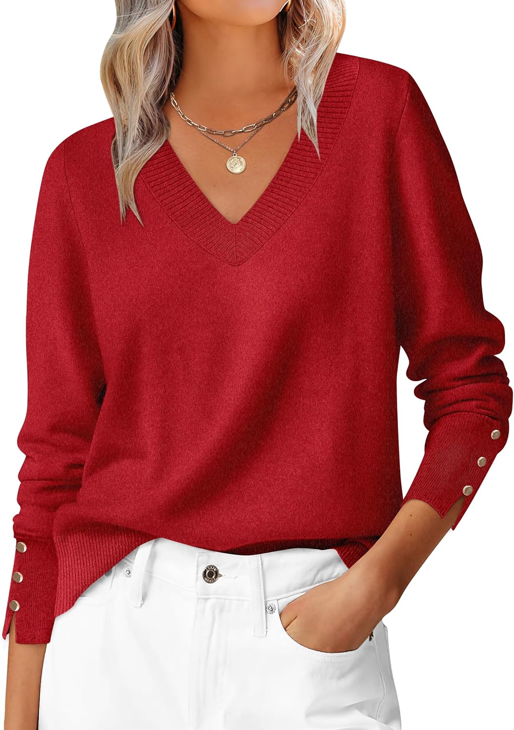 ANRABESS Sweaters for Women Long Sleeve V Neck Shirts Business Casual Work Blouses 2025 Fall Loose Knit Pullover Sweater Tops