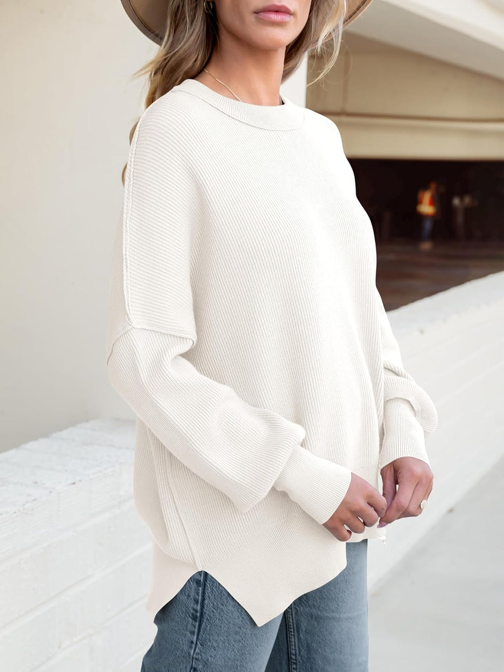 ANRABESS Women Oversized Sweaters Batwing Long Sleeve 2025 Fall Outfits Crewneck Casual Knit Side Slit Fashion Pullover Top