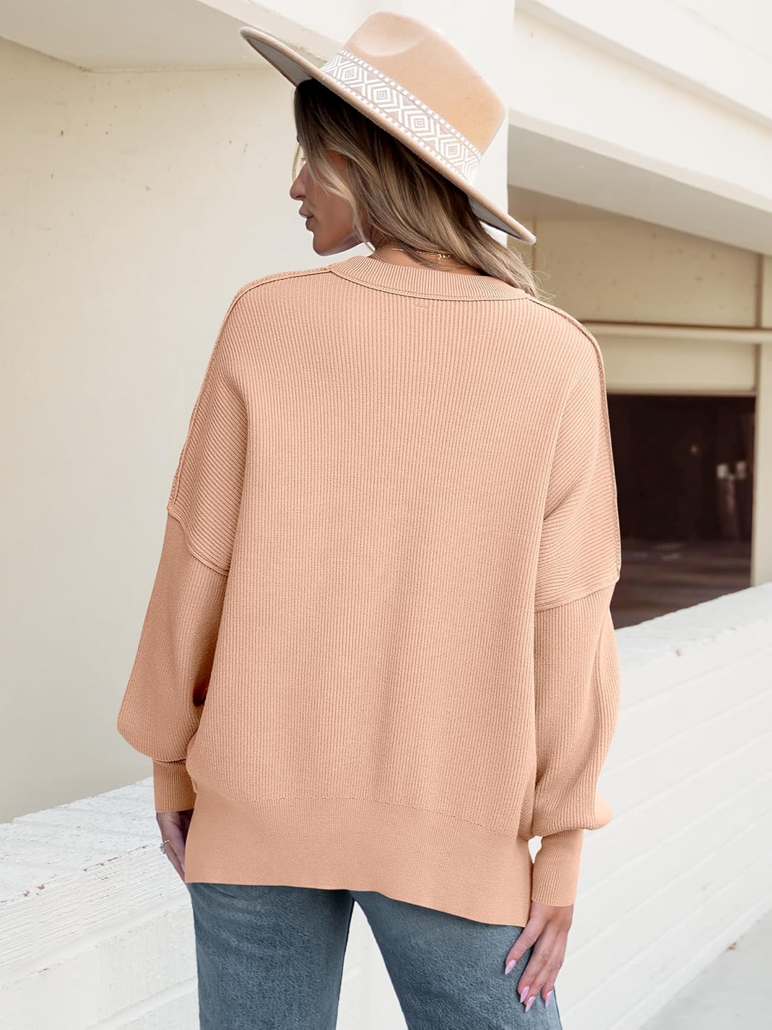 ANRABESS Women Oversized Sweaters Batwing Long Sleeve 2025 Fall Outfits Crewneck Casual Knit Side Slit Fashion Pullover Top