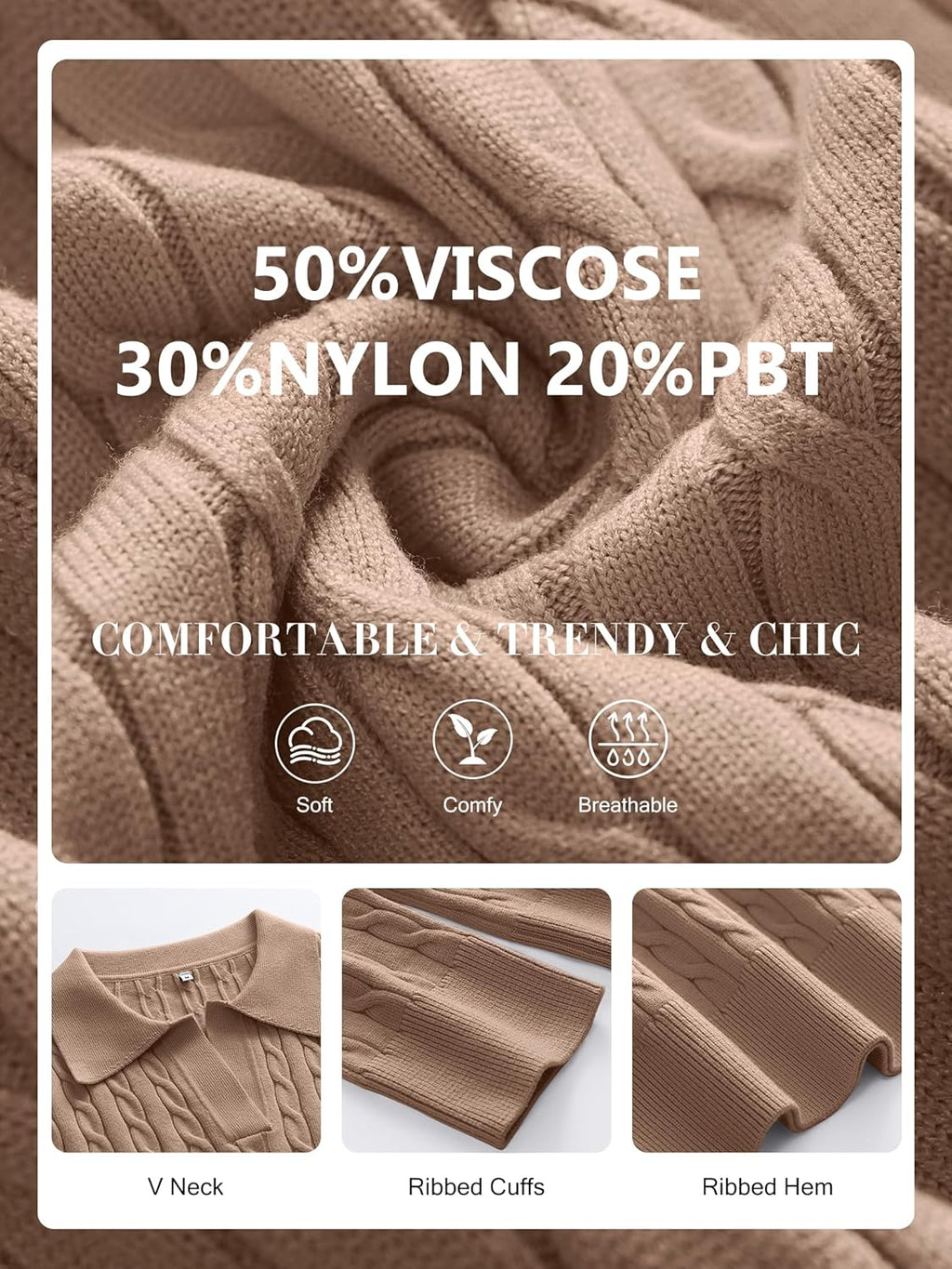 ANRABESS Womens Cable Knit Sweaters Long Sleeve V Neck Sweater Tops Casual Pullover Polo Shirts 2025 Fall Fashion Outfits