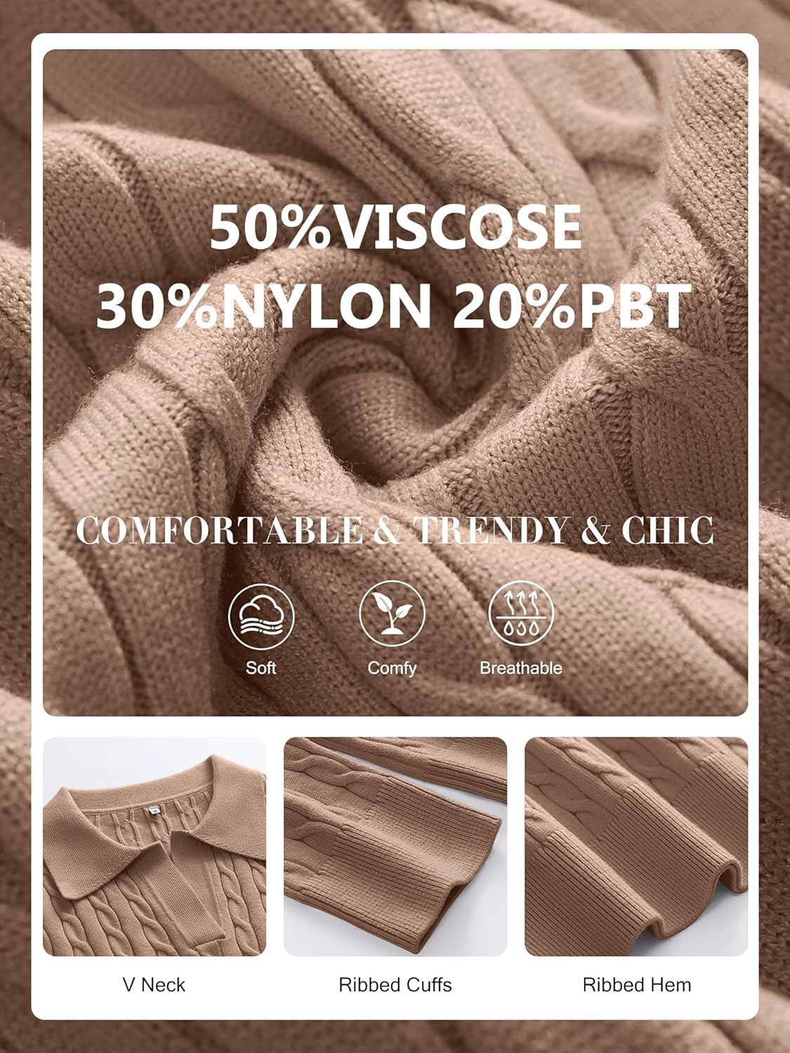 ANRABESS Womens Cable Knit Sweaters Long Sleeve V Neck Sweater Tops Casual Pullover Polo Shirts 2025 Fall Fashion Outfits