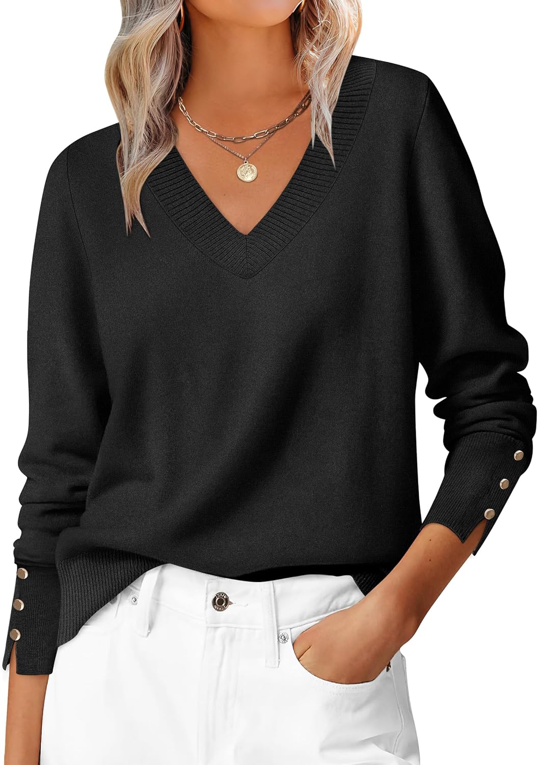 ANRABESS Sweaters for Women Long Sleeve V Neck Shirts Business Casual Work Blouses 2025 Fall Loose Knit Pullover Sweater Tops