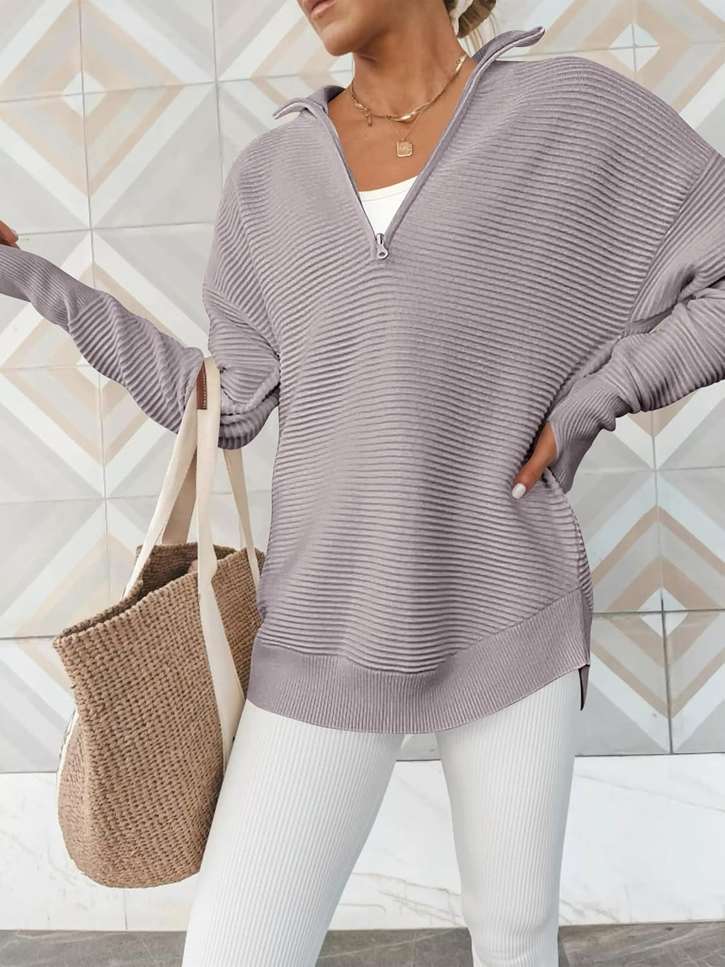 ANRABESS Womens Long Sleeve Quarter Zip Pullover Sweater Casual Loose V Neck Collared Ribbed Knit Jumper Tops Thumb Hole