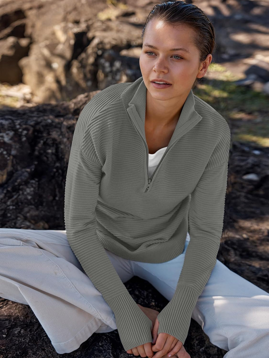 ANRABESS Womens Long Sleeve Quarter Zip Pullover Sweater Casual Loose V Neck Collared Ribbed Knit Jumper Tops Thumb Hole