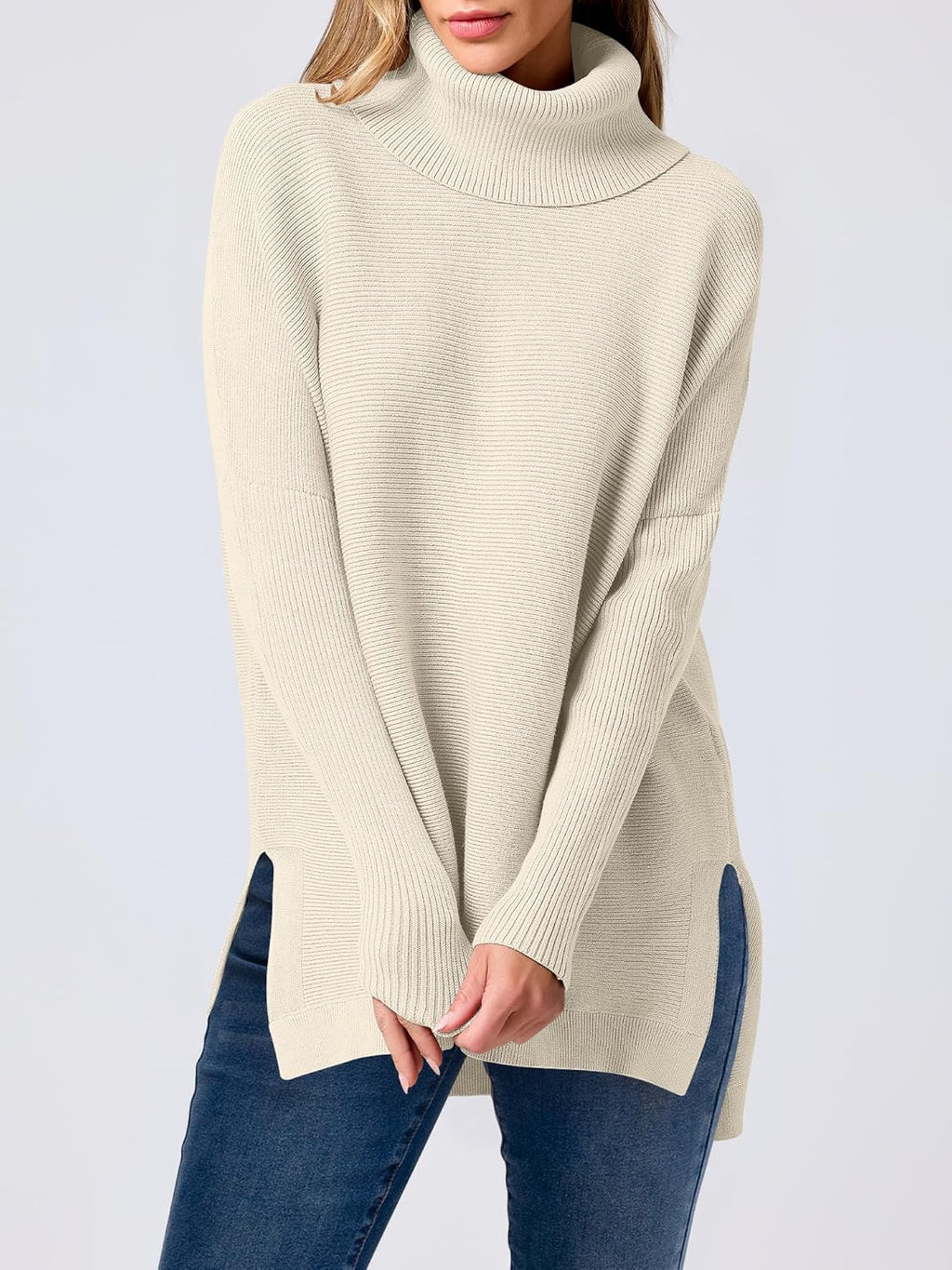 ANRABESS Women's Oversized Turtleneck Batwing Sleeve Spilt Casual Loose Knit Tunic Pullover Sweater Tops 2025 Fall Outfits