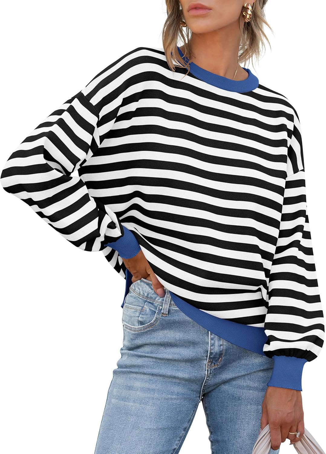 ANRABESS Womens Oversized Striped Sweaters Long Sleeve Crewneck Casual Side Slit Pullover Tops 2025 Fall Trendy Outfits