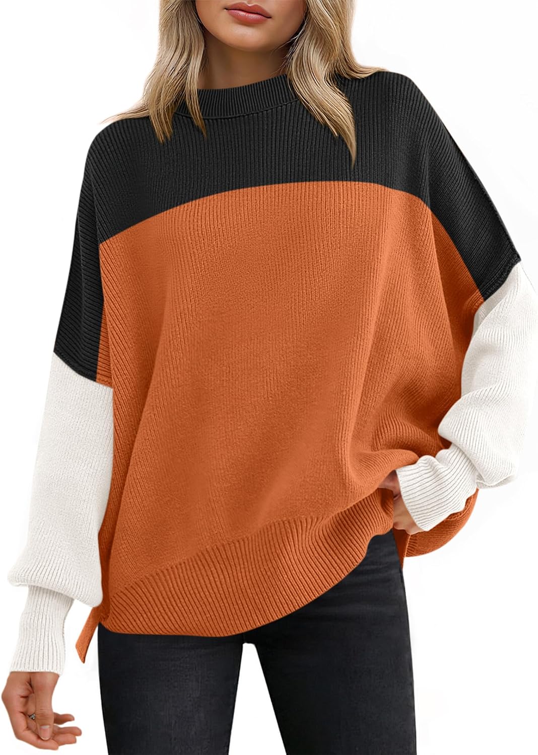 ANRABESS Women Oversized Sweaters Batwing Long Sleeve 2025 Fall Outfits Crewneck Casual Knit Side Slit Fashion Pullover Top