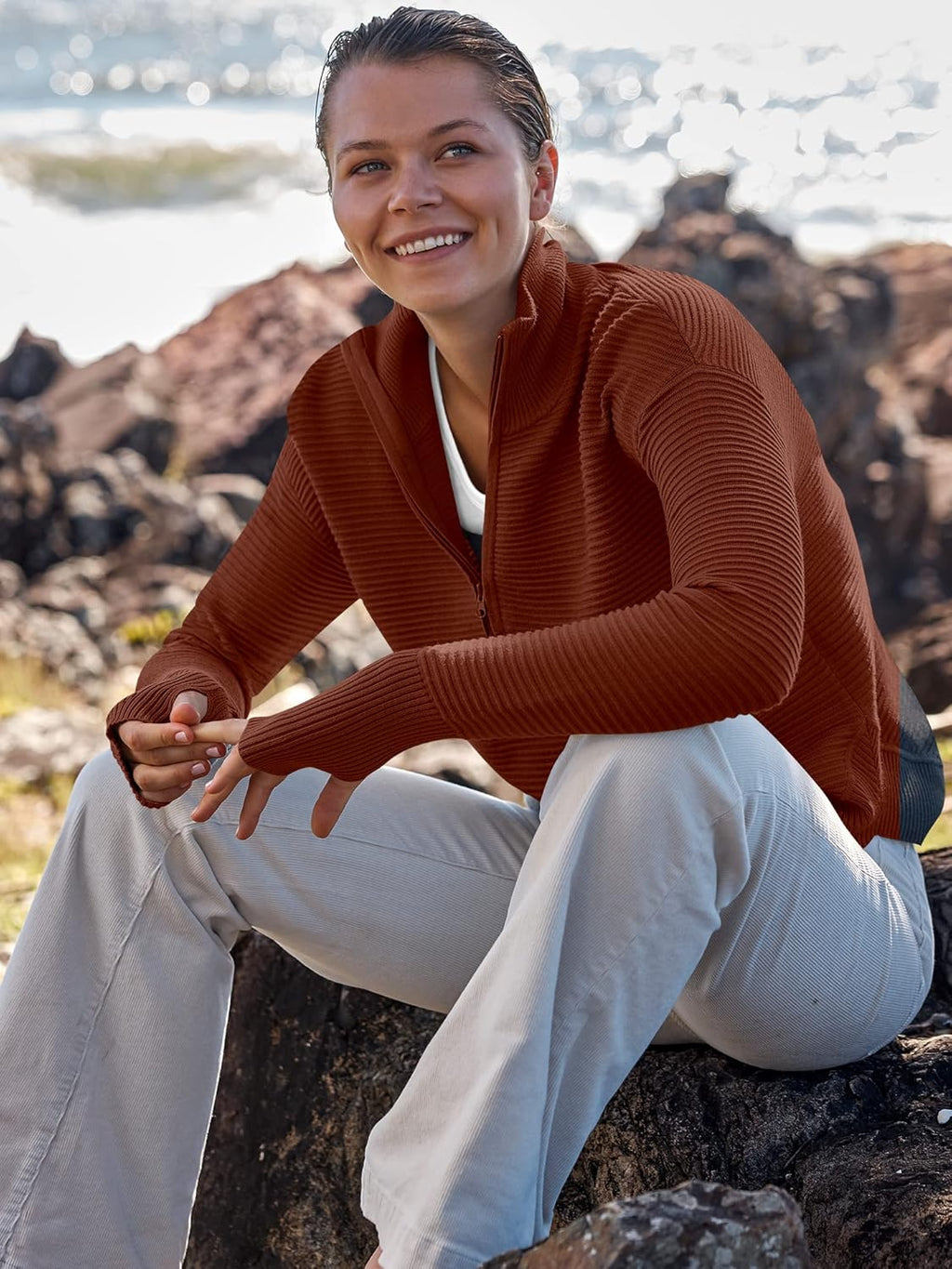 ANRABESS Womens Long Sleeve Quarter Zip Pullover Sweater Casual Loose V Neck Collared Ribbed Knit Jumper Tops Thumb Hole