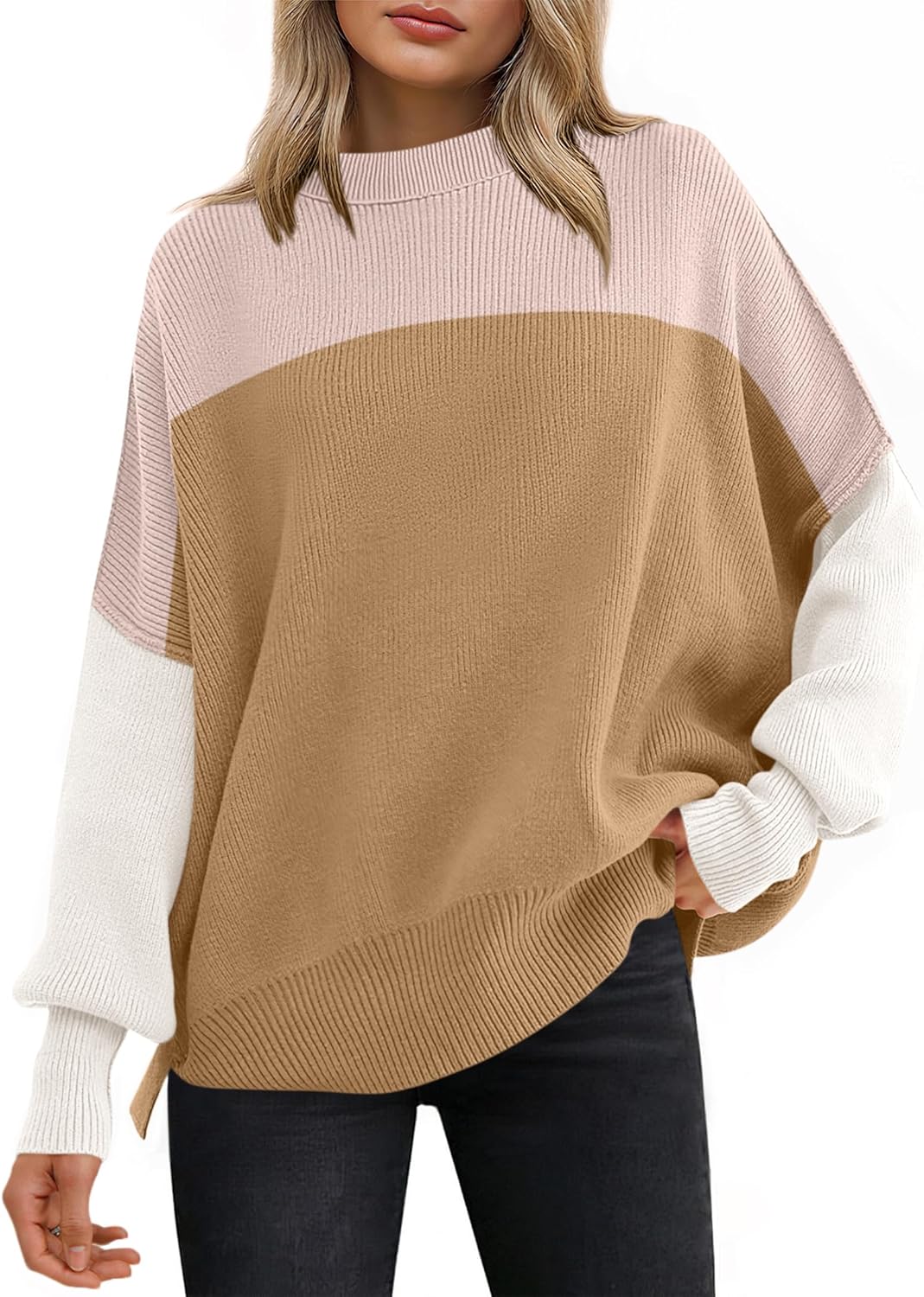 ANRABESS Women Oversized Sweaters Batwing Long Sleeve 2025 Fall Outfits Crewneck Casual Knit Side Slit Fashion Pullover Top