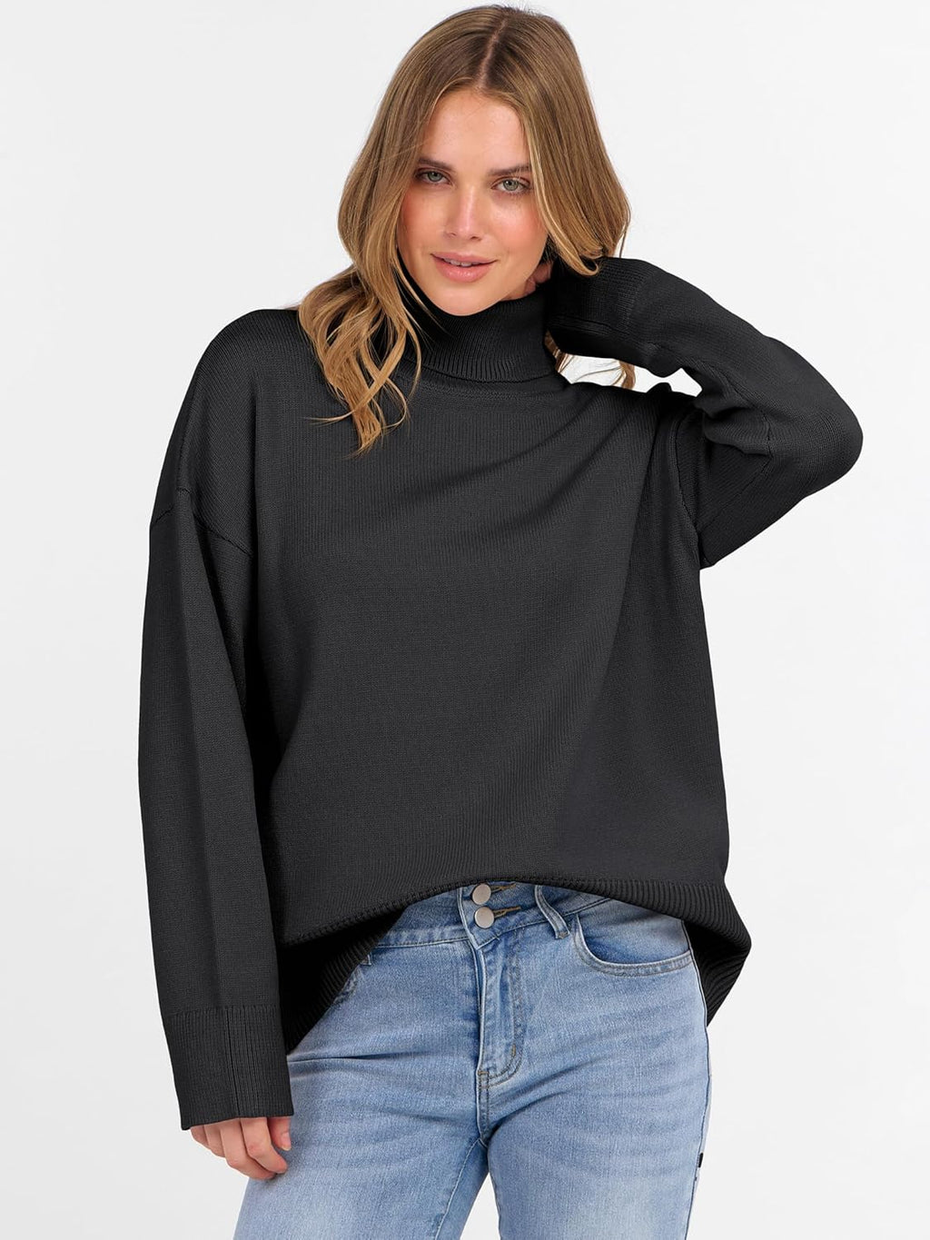 ANRABESS Womens Turtleneck Sweaters Oversized Chunky Long Sleeve Knit High Low Hem Pullover Top 2025 Fall Winter Fashion