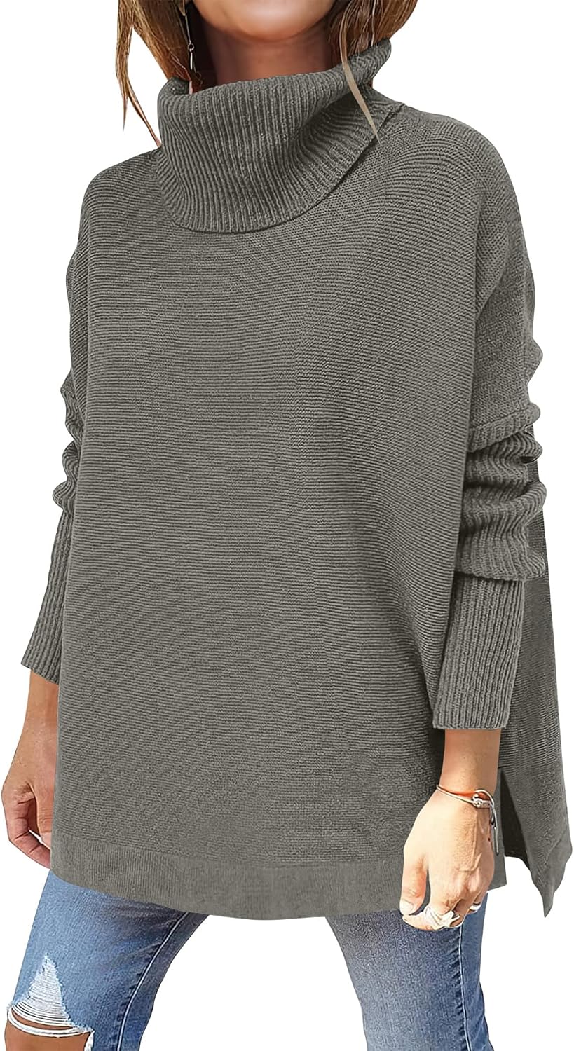 ANRABESS Women's Oversized Turtleneck Batwing Sleeve Spilt Casual Loose Knit Tunic Pullover Sweater Tops 2025 Fall Outfits
