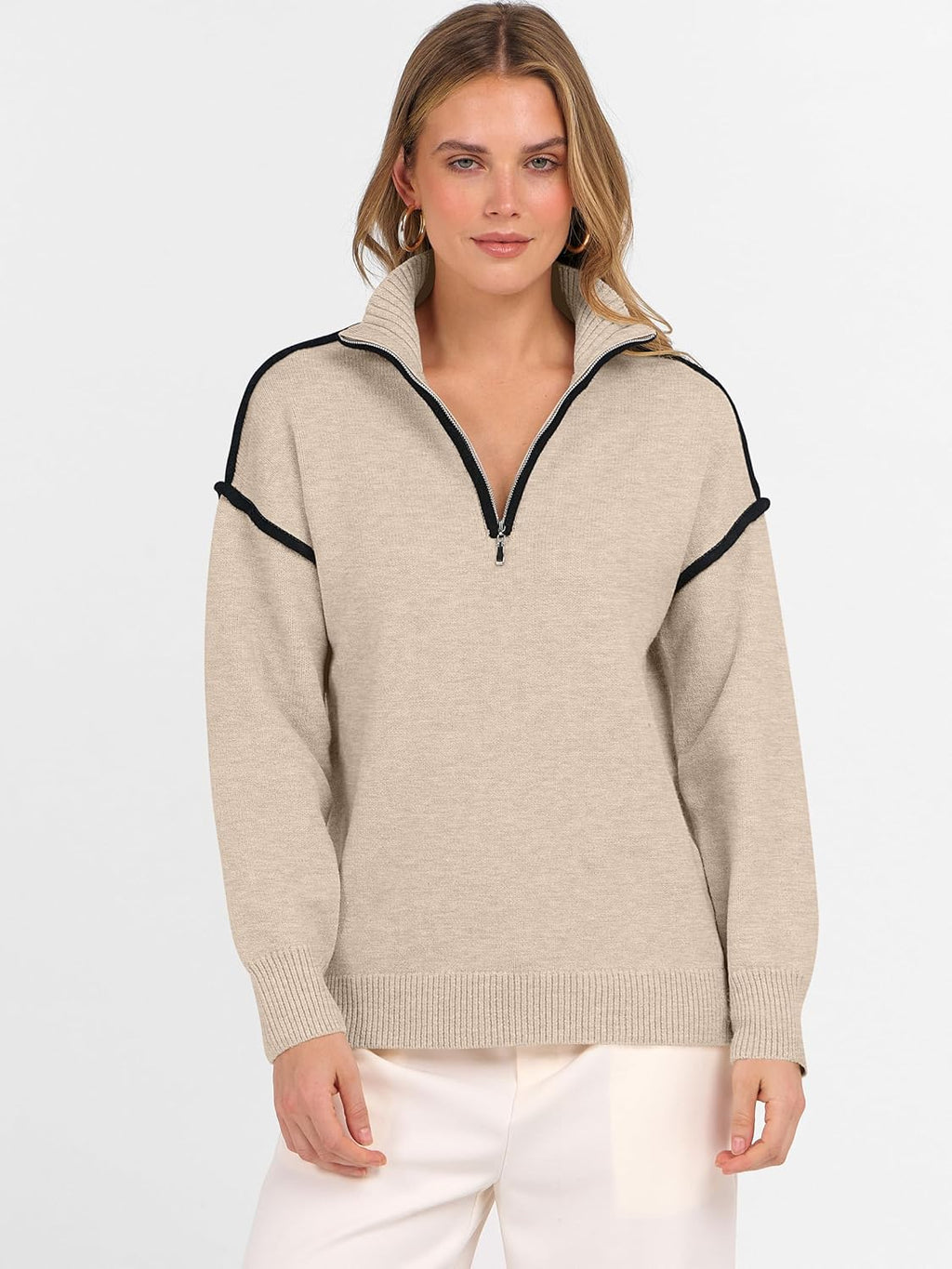 ANRABESS Womens Quarter Zip Sweaters Fall Long Sleeve V Neck Shirts Collared Business Casual Tops Knit Pullover Sweatshirts