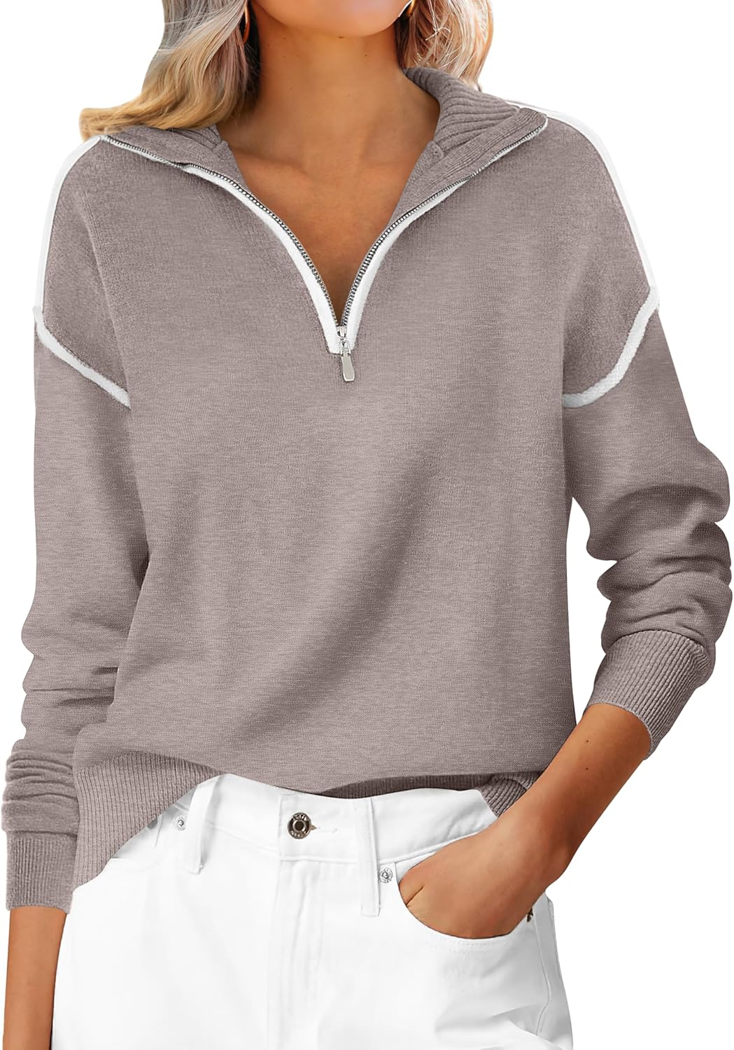ANRABESS Womens Quarter Zip Sweaters Fall Long Sleeve V Neck Shirts Collared Business Casual Tops Knit Pullover Sweatshirts