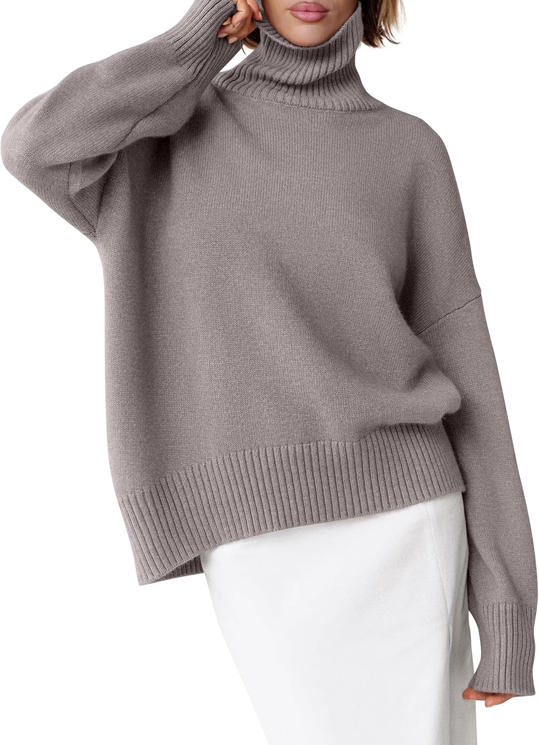 ANRABESS Womens Turtleneck Sweaters Oversized Chunky Long Sleeve Knit High Low Hem Pullover Top 2025 Fall Winter Fashion