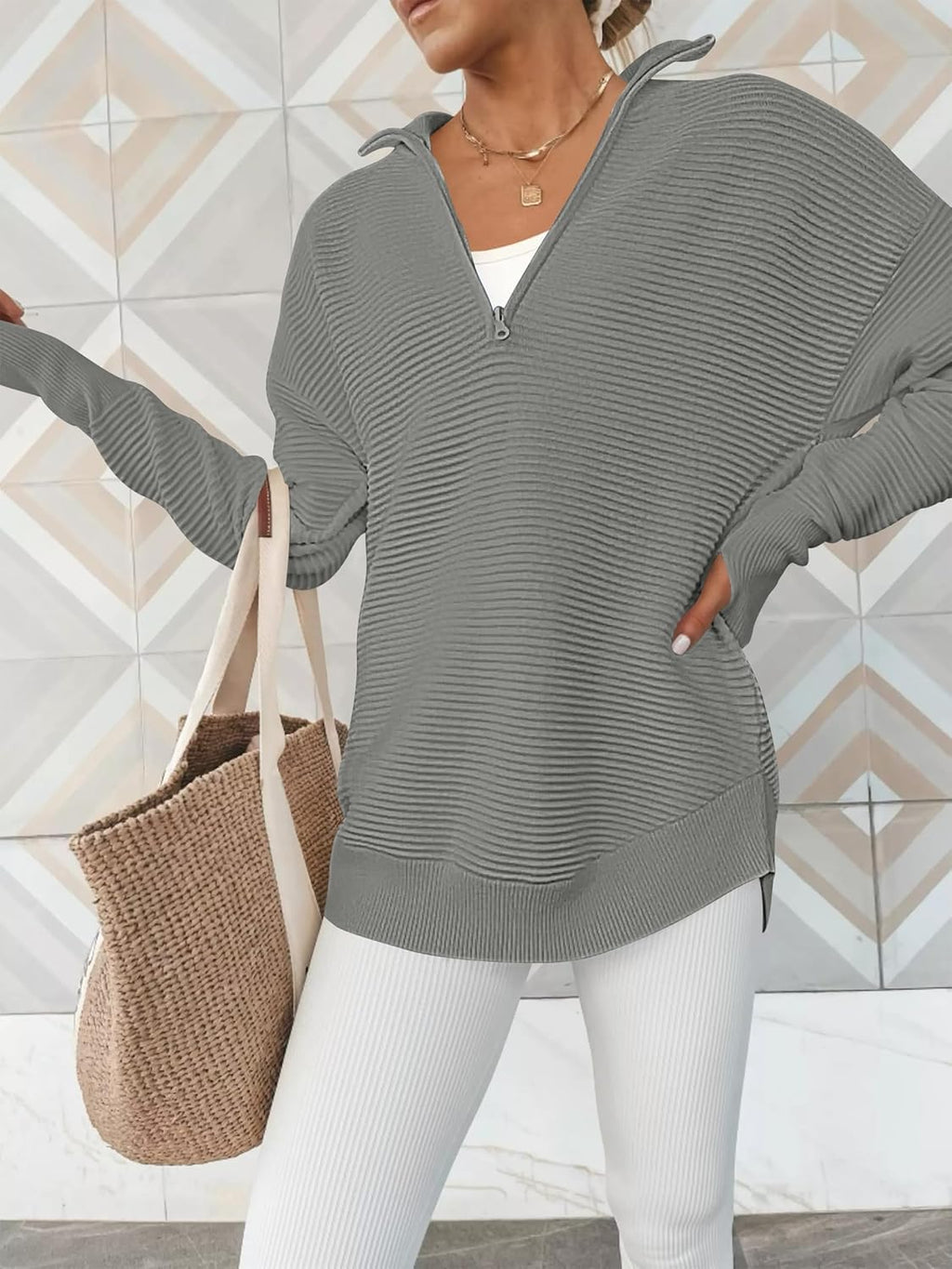 ANRABESS Womens Long Sleeve Quarter Zip Pullover Sweater Casual Loose V Neck Collared Ribbed Knit Jumper Tops Thumb Hole