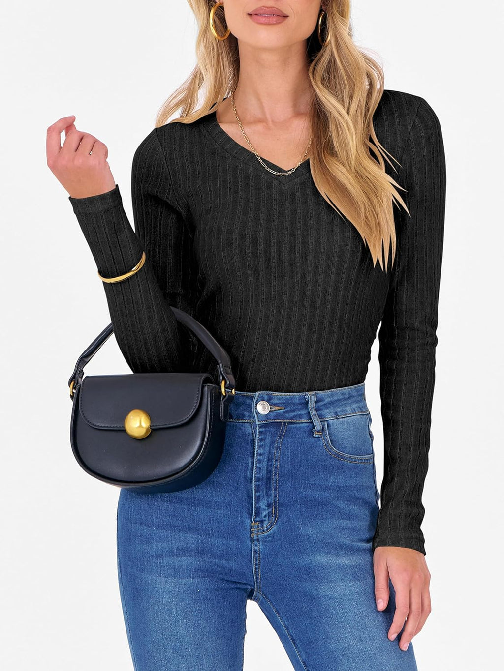 ANRABESS Womens Long Sleeve Shirts V Neck Ribbed Knit Slim Fit Lightweight Sweater 2025 Fall Dressy Casual Travel Work Tops