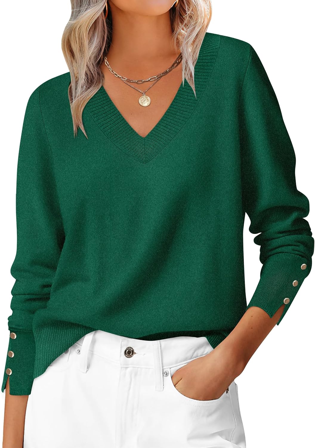 ANRABESS Sweaters for Women Long Sleeve V Neck Shirts Business Casual Work Blouses 2025 Fall Loose Knit Pullover Sweater Tops